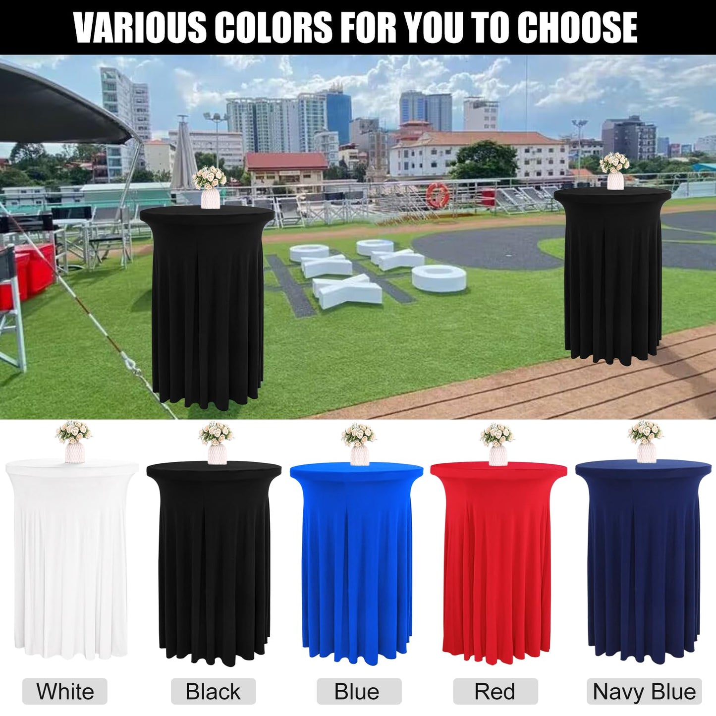 JALANCY 4 Packs 32 x 43 Inch Spandex Round Cocktail Table Skirts with Wavy Drapes Stretch Cocktail Tablecloth Fitted High Top Tables for Wedding Bar Party Banquet (Black)