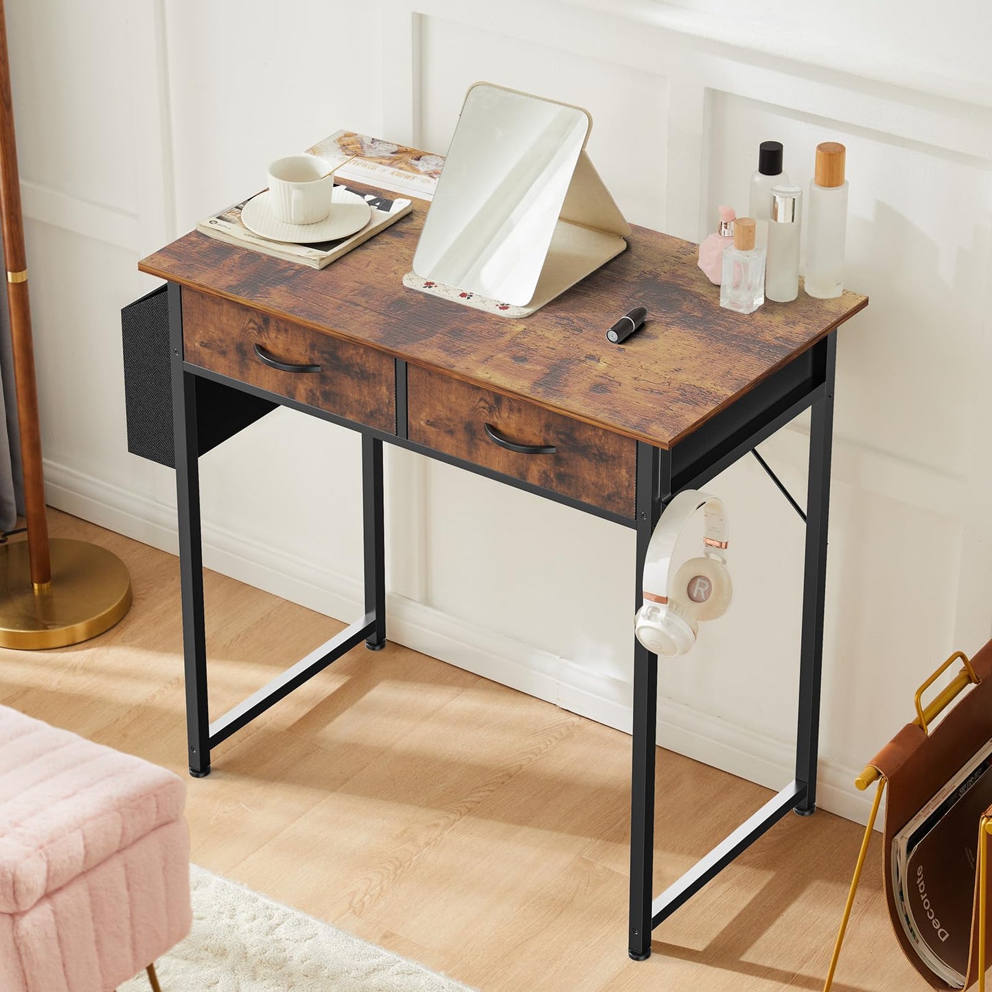 Sweetcrispy Computer Desk Small 32 Inch Home Office Bedroom Writing Study PC Table with Fabric Storage Drawers Space Side Bag Headphone Hook Adjustable Feet Modern Simple Style, Rustic Brown