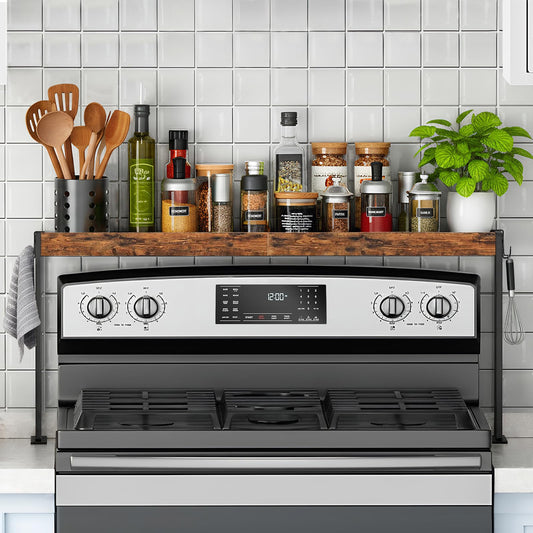 EffiJoy Spice Rack Shelf for Kitchen Stove, Over the Stove Shelf with 4 Level Adjustable Height, Over Stove Spice Rack with 4 Hooks, Rustic Brown + Black