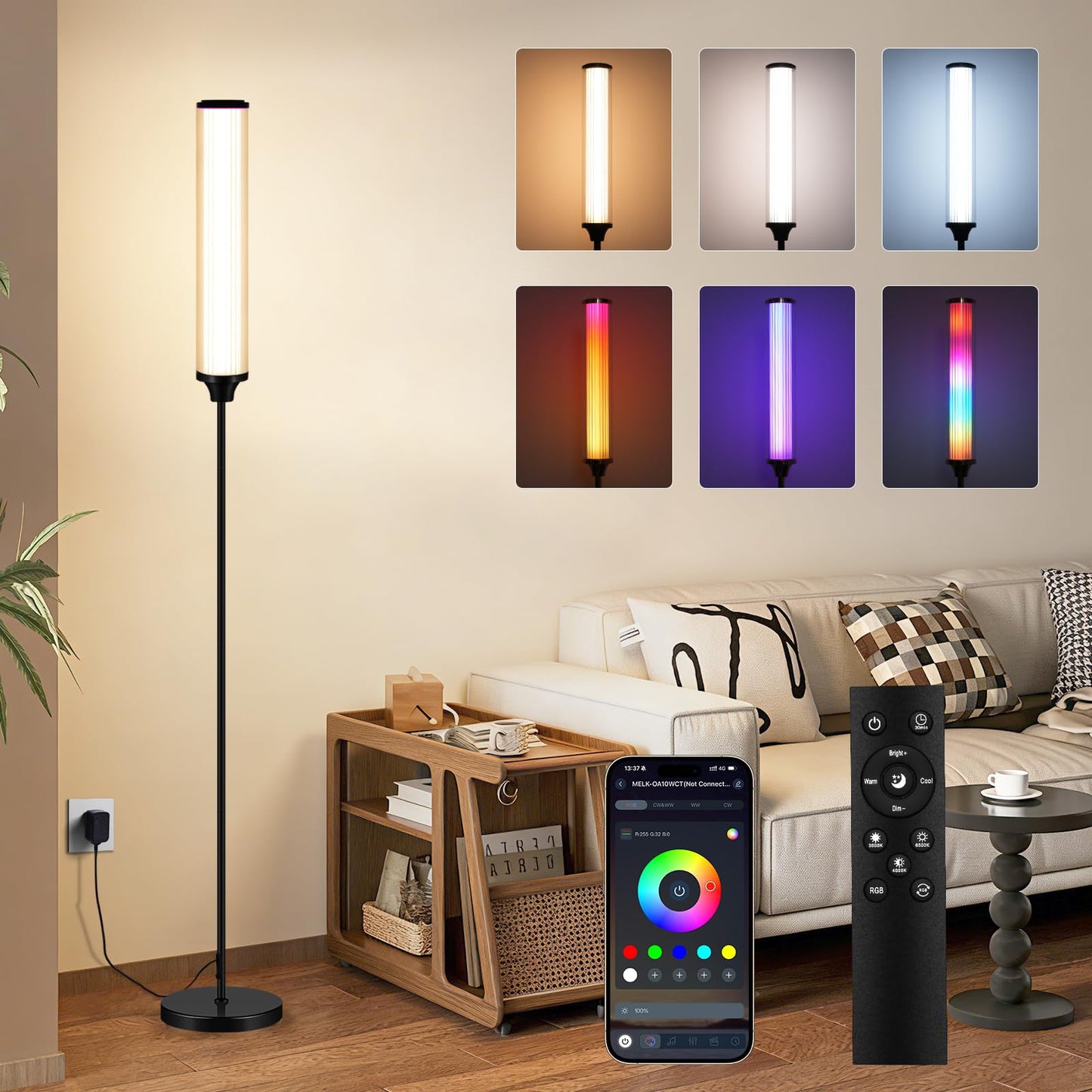 FRIDEKO HOME RGBCW Smart Corner Floor Lamp, 12W 1500LM Black