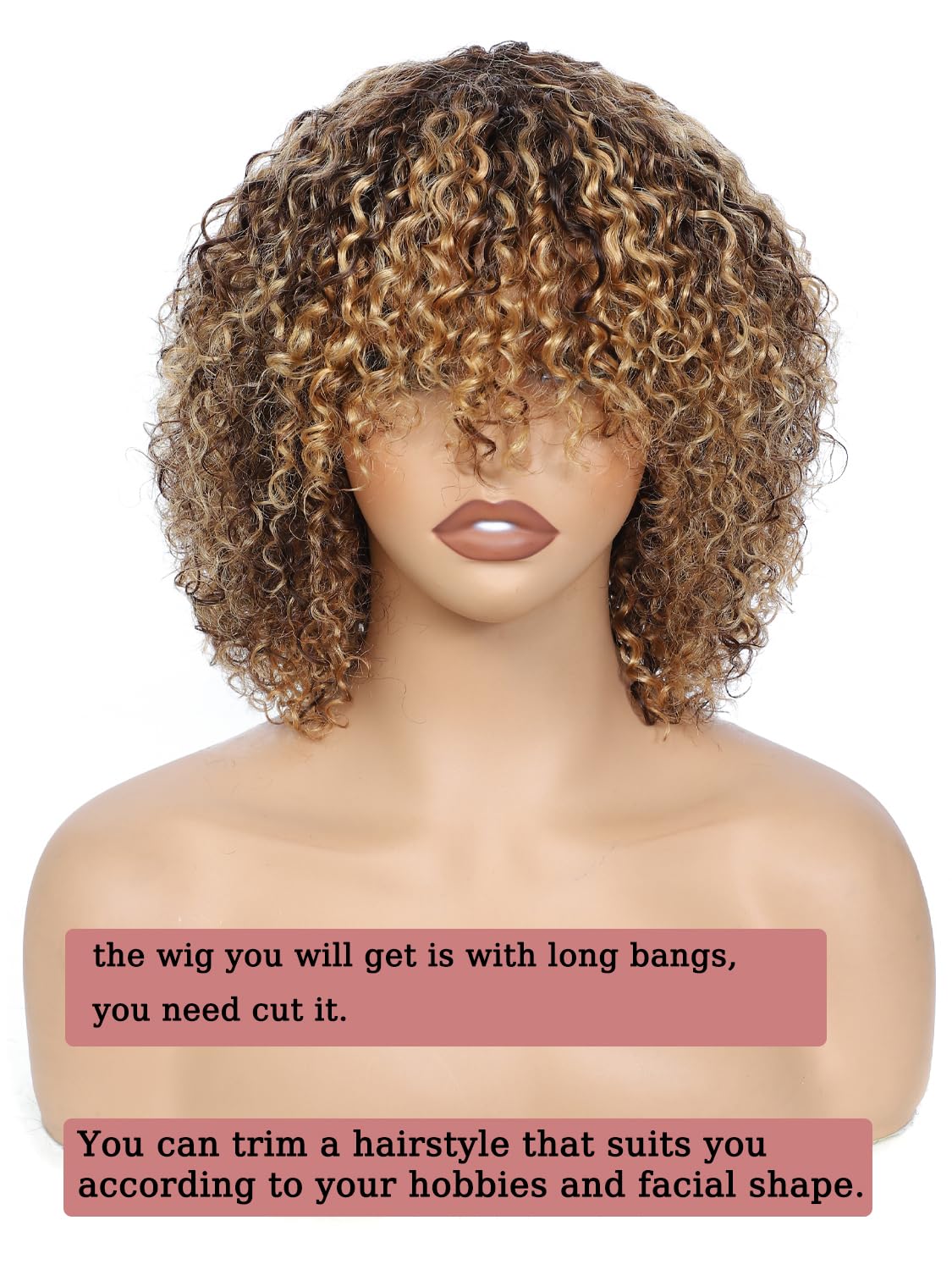 LYOLKSER 200 density short curly human hair wig with bangs 100 percent human hair no lace wig for black women highlight P4/27 brown and blonde 12 inch