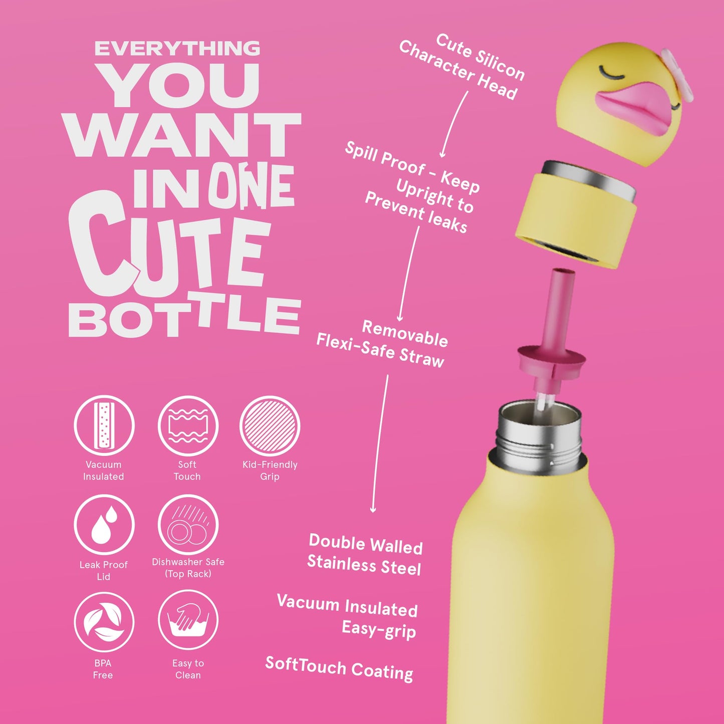 asobu Bestie Bottle Insulated Stainless Steel Water Bottle with Detachable Soft Animal Head Fun Drinking For Kids and Teens with Flexible Reusable Straw 16 Ounce (Duck)