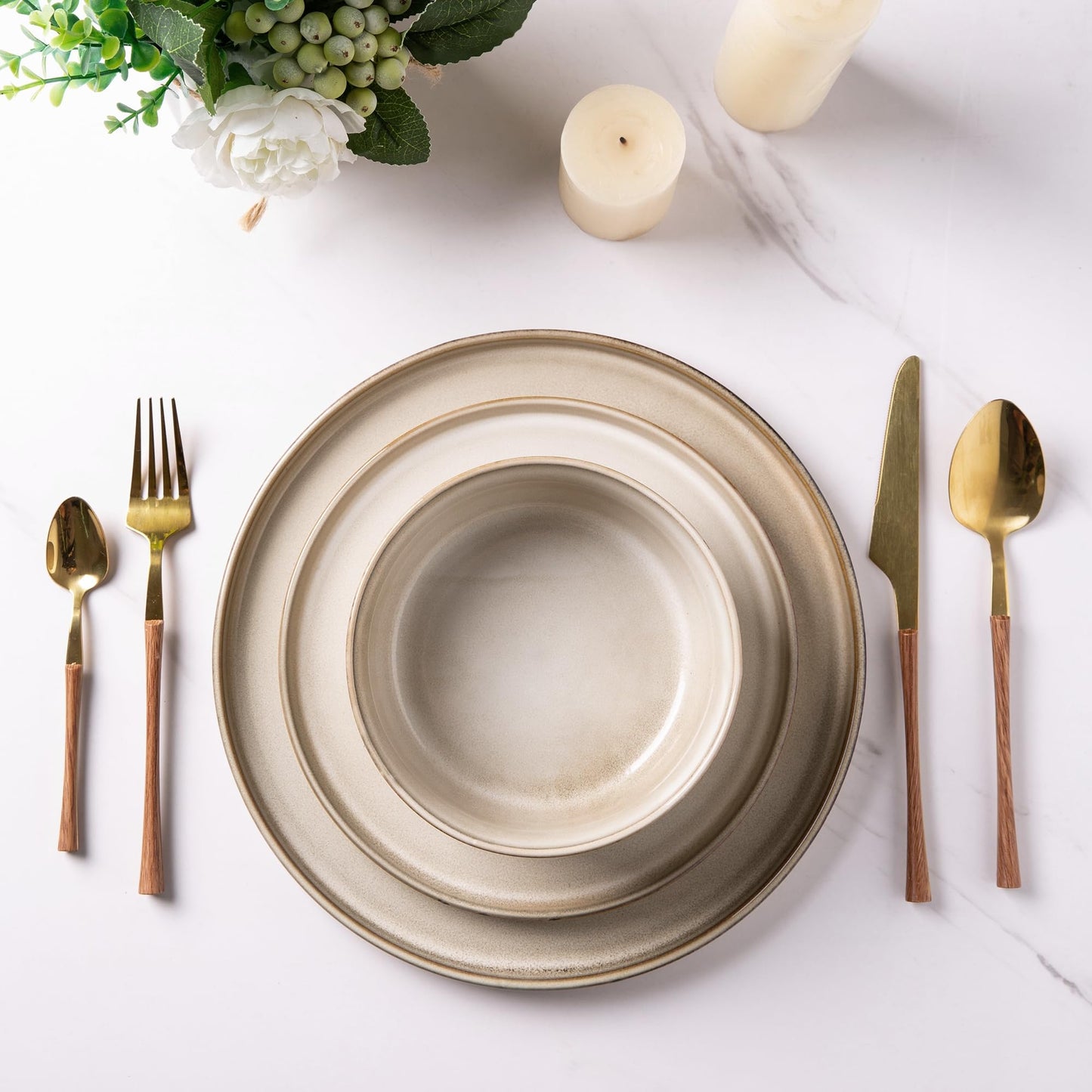 GBHOME Ceramic Dinnerware Sets for 4, 12 Pieces Stoneware Plates and Bowls Sets, Scratch Resistant Dishes, Dishwasher & Microwave Safe, Reactive Glaze-Cappuccino