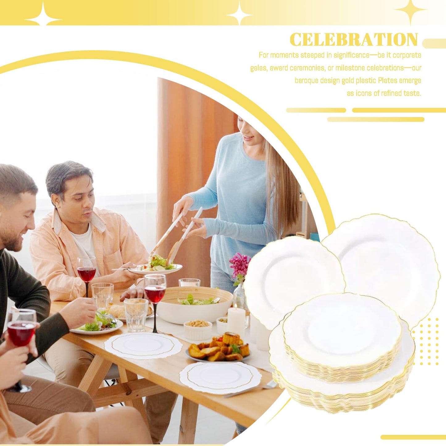 WDF 60pcs White and Gold Plastic Plates - Baroque White With Gold of 30 Heavy Duty Gold dinner plates 10.25inch, 30 Salad Plates 7.5inch