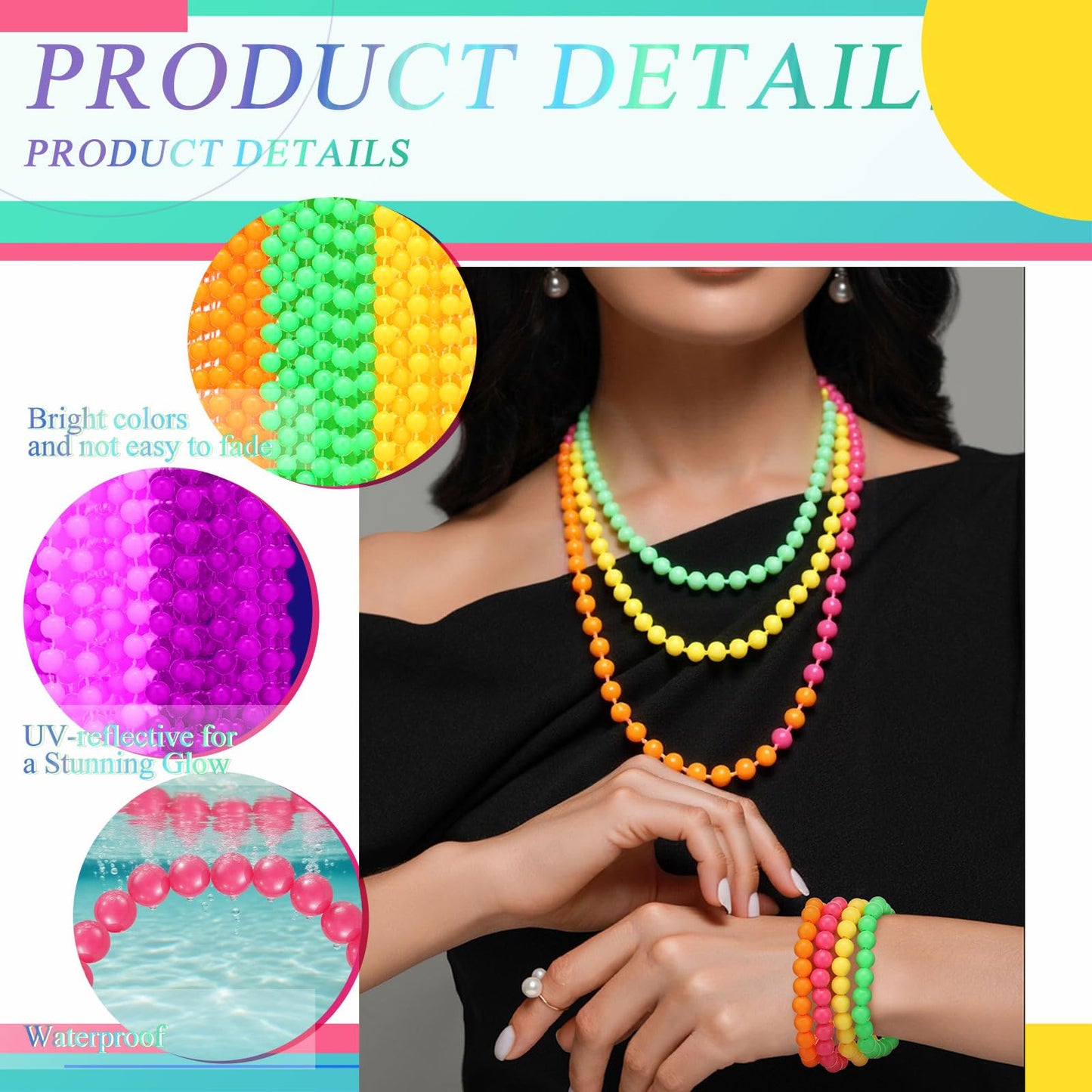 Tondiamo 72pcs Neon Bead Necklaces Bracelet, 80s Women Costume Accessories Set Glow in The Dark UV Bead Necklaces Bracelet Glow Party Supplies for Concert Halloween Mardi Gras Party Supplies