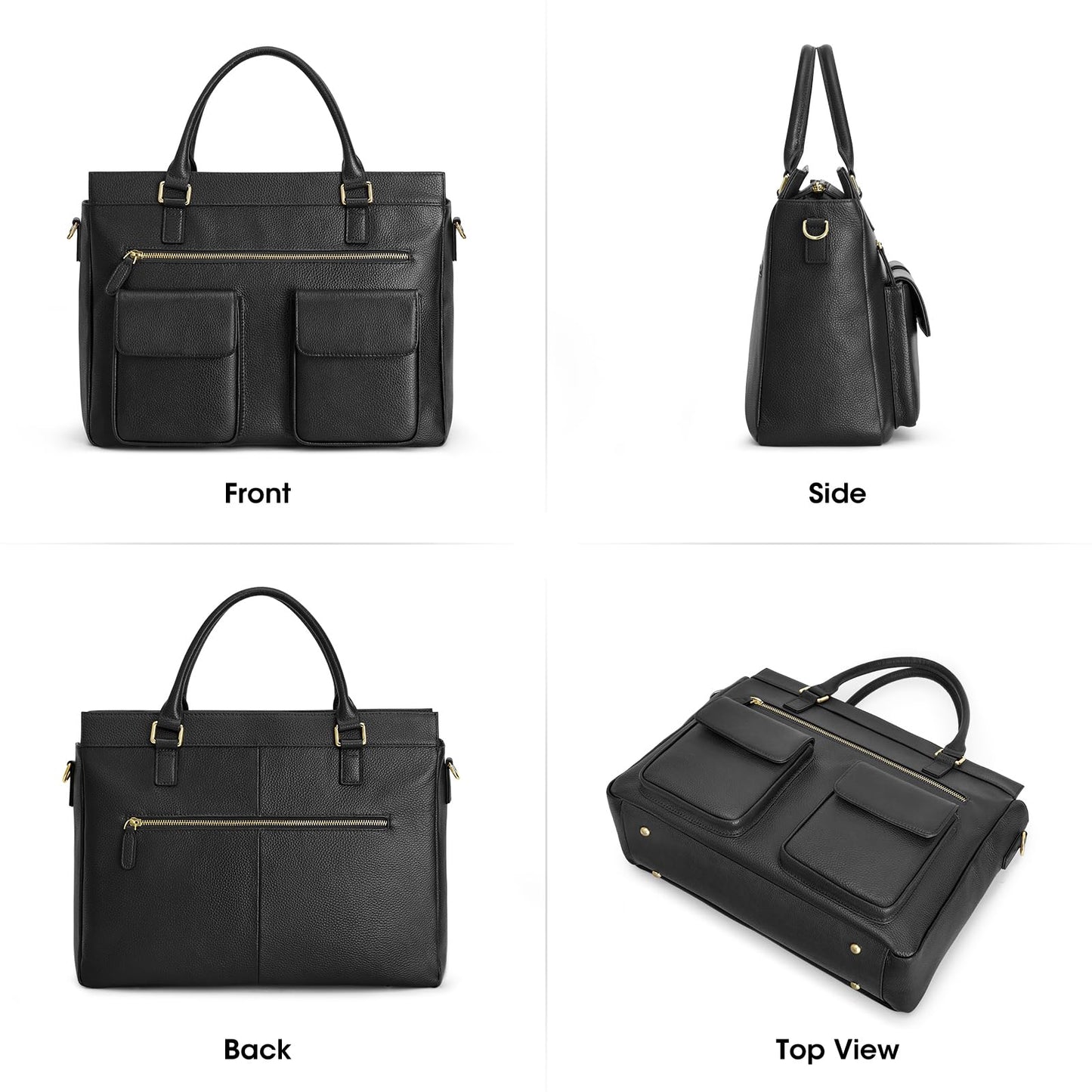 Kattee Leather Briefcase for Women, 15 Inches Laptop Bag, Work Tote with Luggage/Shoulder Strap, Black