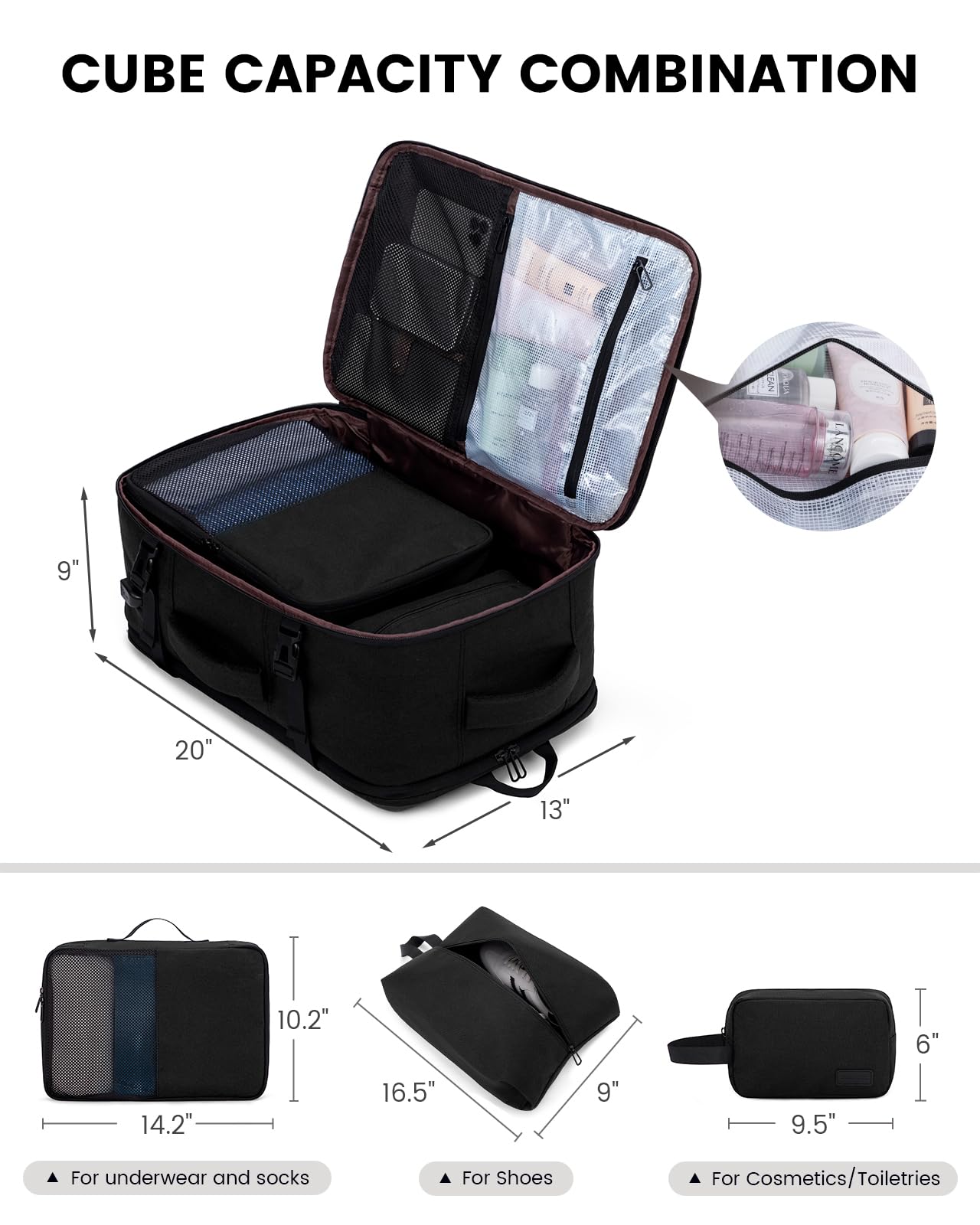LOVEVOOK Travel Carry on Backpack, Large 40L Personal Item Travel Bag for Men & Women Flight Approved with 3 Packing Cubes, Suitcase Water Resistant Luggage Daypack Business Weekender Bag, Black