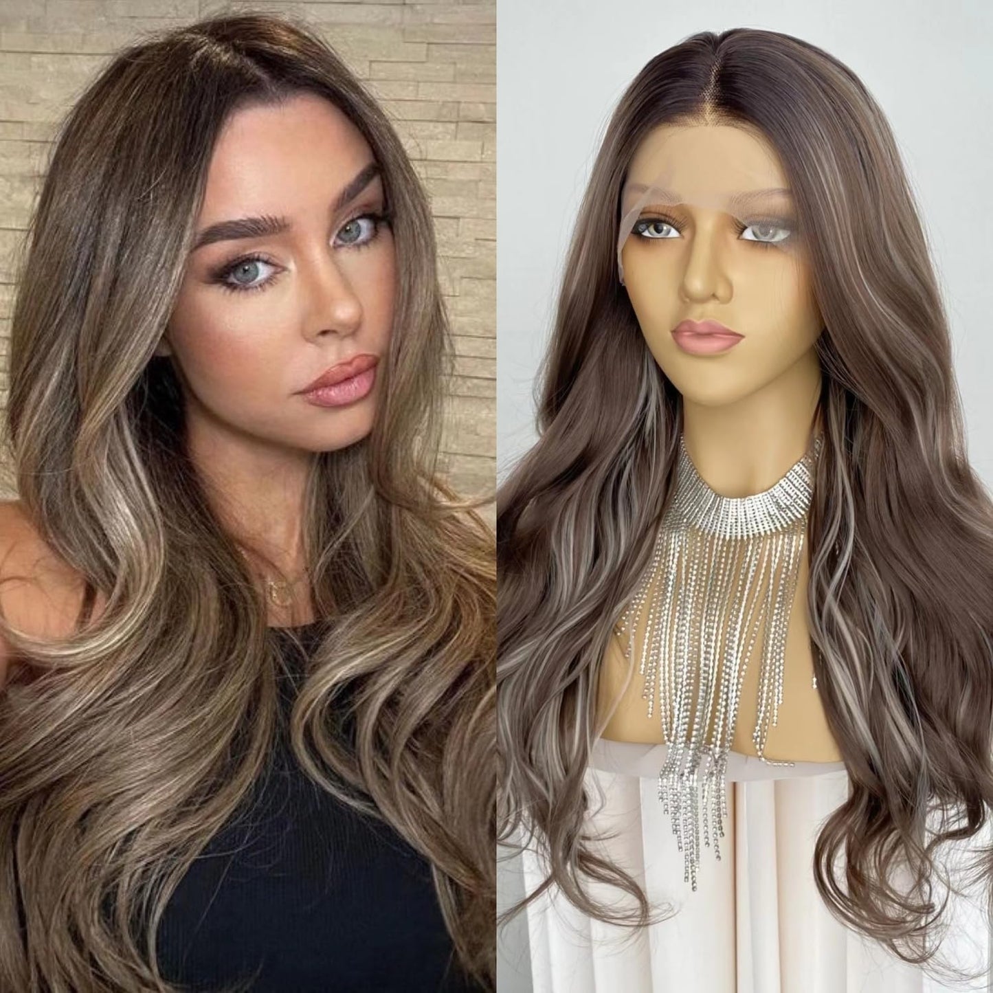 CIMITIKI Flaxen Brown Colour Lace Front Wigs Highlight Ash Blonde Hair 13x4 Long Loose Wavy Ombre Synthetic Fiber Wig 22Inch for Women