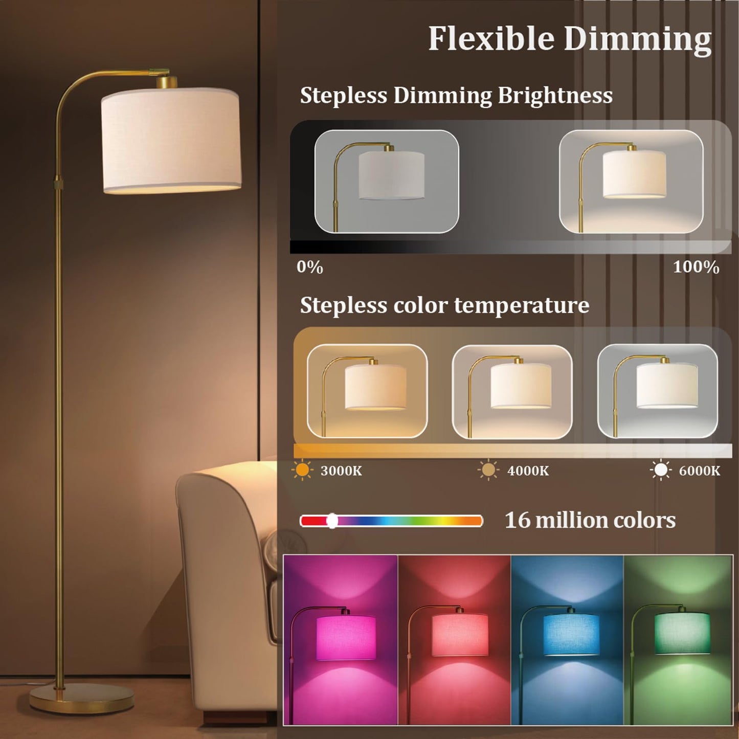 FINNCHY Gold Floor Lamp with Remote Control, 1200 Lumens Adjustable Height Dimmable Arc Floor Lamp for Living Room, Modern Standing Lamp for Bedroom, Office, LED Smart Bulb Included
