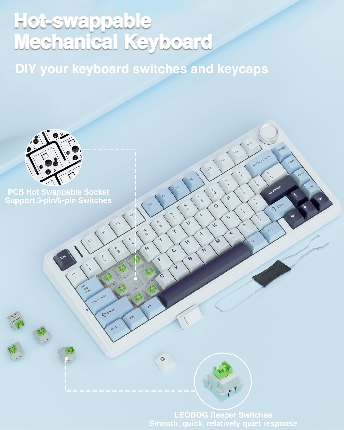 AULA F75 75% Wireless Mechanical Keyboard,Gasket Hot Swappable Custom Keyboard,Pre-lubed Reaper Switches RGB Backlit Gaming Keyboard,2.4GHz/Type-C/BT5.0 Mechanical Keyboard (White & Blue)