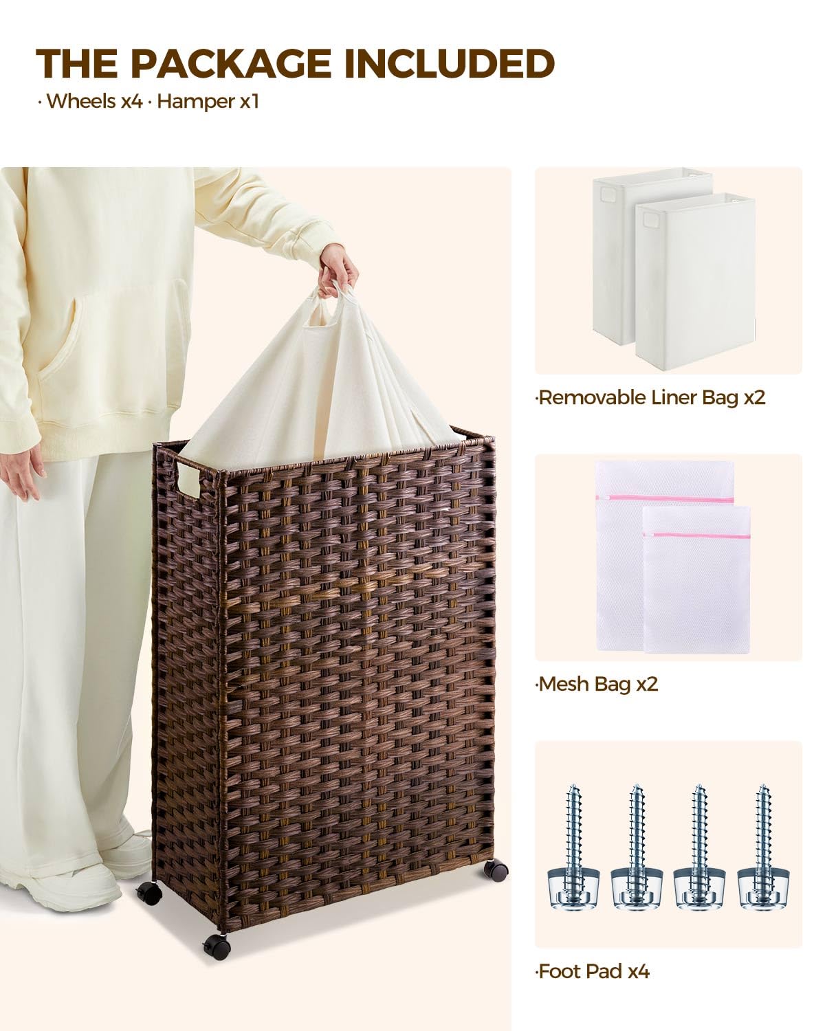 Greenstell Laundry Hamper with Wheels, 17.4 Gallon (66L) Slim Laundry Basket with 2 Removable Liner Bags & 2 Mesh Bags, Narrow Rattan Clothes Hamper for Bedroom, Laundry Room, Bathroom, Natural