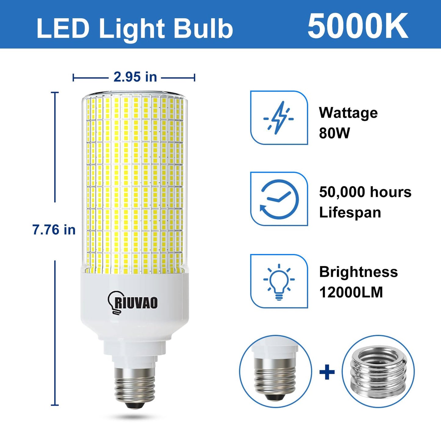 RIUVAO Led Corn Light Bulb 2 Pack, 800W Equivalent 5000K Daylight 12000Lm Super Bright E26/E39 Base 8W Led Bulbs, Replace Metal Halide HID CFL Bulb for Outdoor Indoor Area
