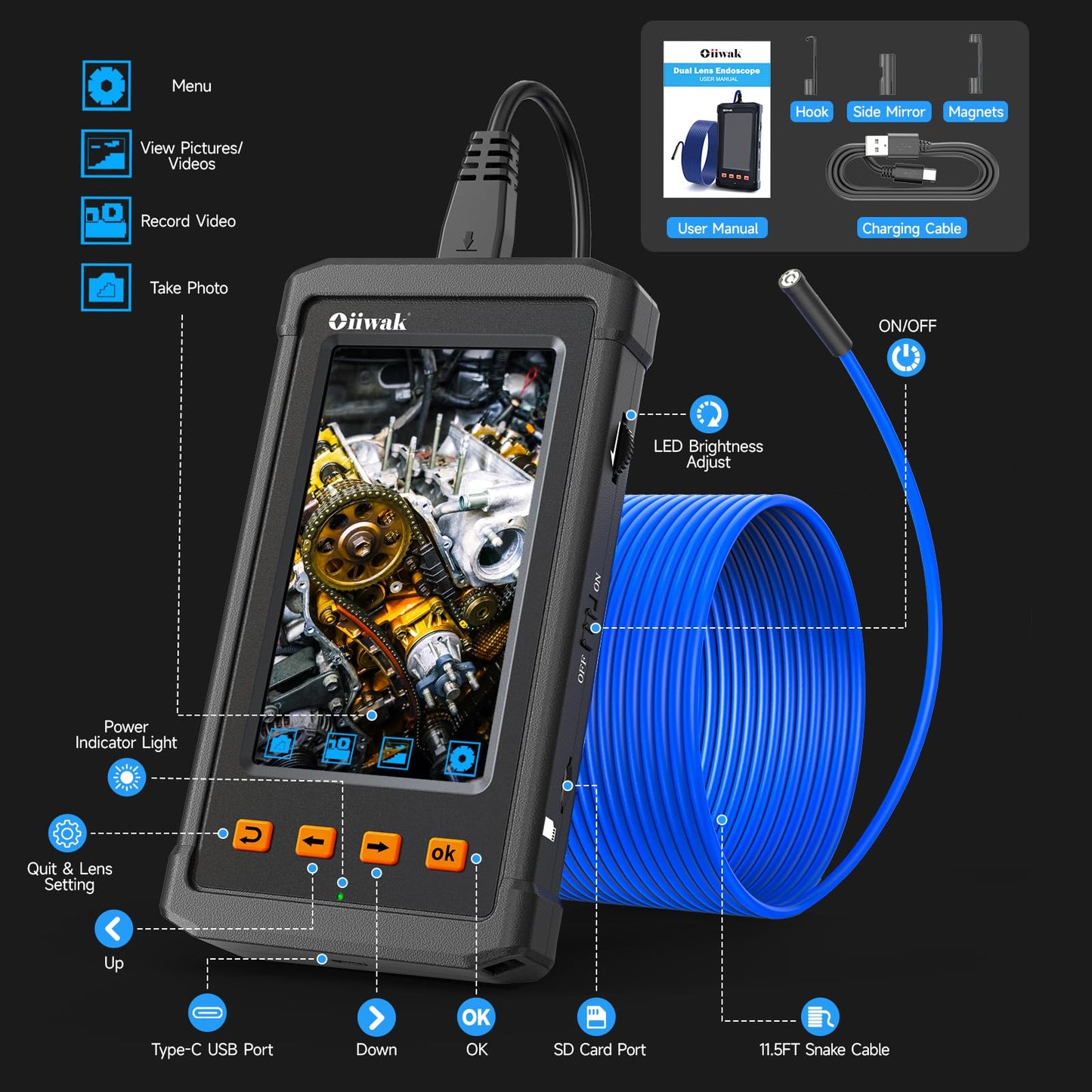Oiiwak Endoscope Camera with Light, 5.5 mm Borescope, 4.3" IPS Screen HD Digital Snake Inspection Camera, IP67 Waterproof for Drain, Plumbing, Wall, Automotive- 3.5 m/11.5 ft