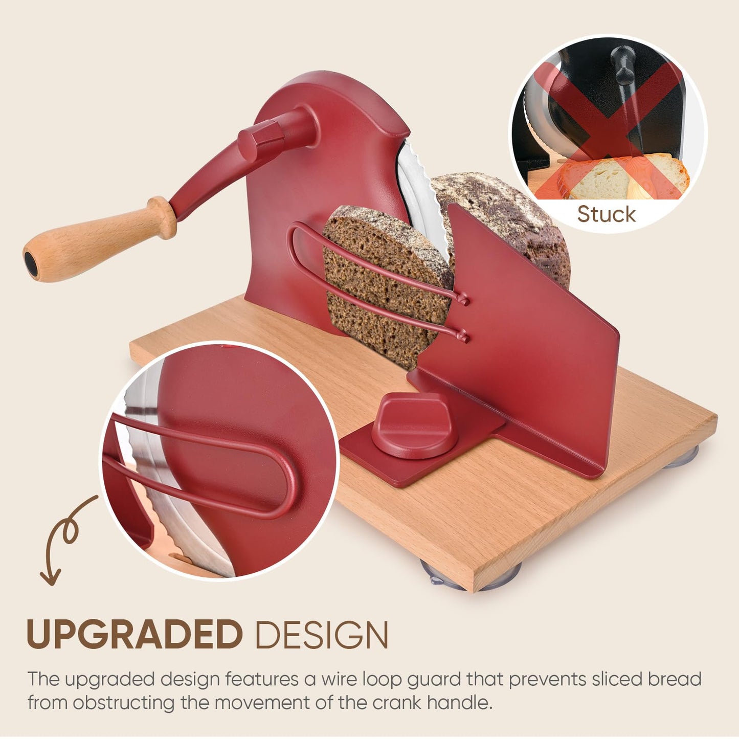 SOWKIPE Manual Bread Slicer with Hand Crank, Classic Home Bread Slicer for Homemade Sourdough, Rotary Slicer with Adjustable Thickness, Premium Stainless Steel & Powerful Suction Cups (Red)