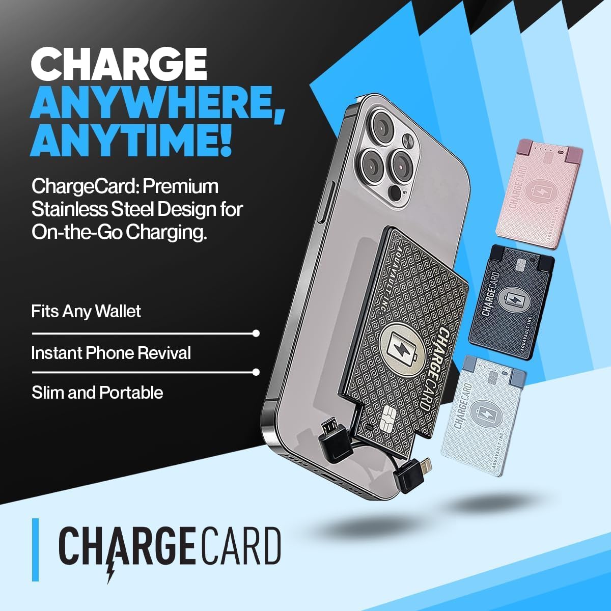 Ultra Thin Emergency Phone Charger. Portable Power Bank that Fits in Your Wallet. Works with All Phones. 2300mAh &1.5A Fast Charge. Built in Cables (Lightning, USB-C, Micro USB) - ChargeCard BLACK