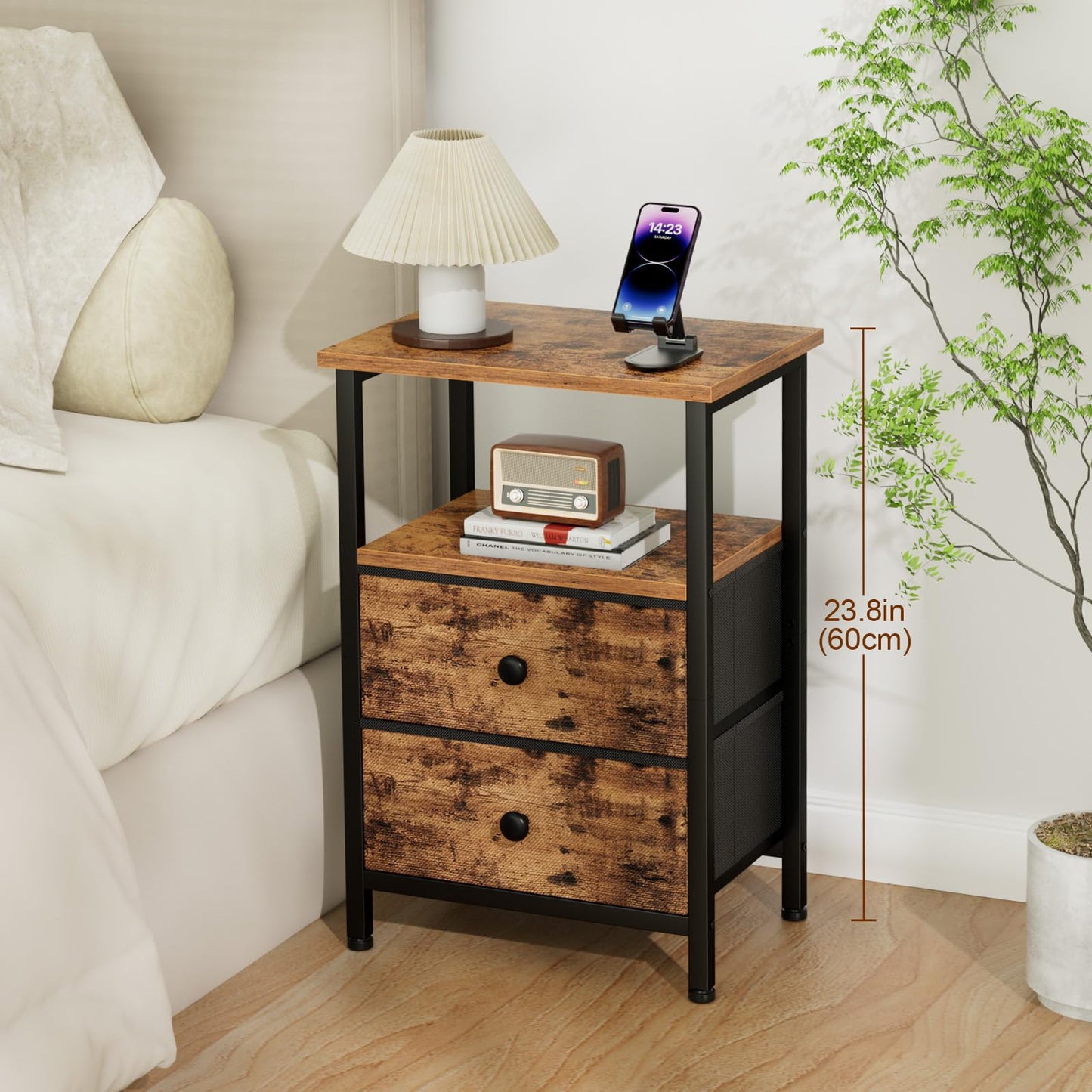 LOAKEKEL Nightstands Set of 2, Night Stand with 2 Fabric Drawers, Bed Side Table with Open Storage Shelf for Bedroom, Small End Tables Living Room, Rustic Brown, HETS002BR