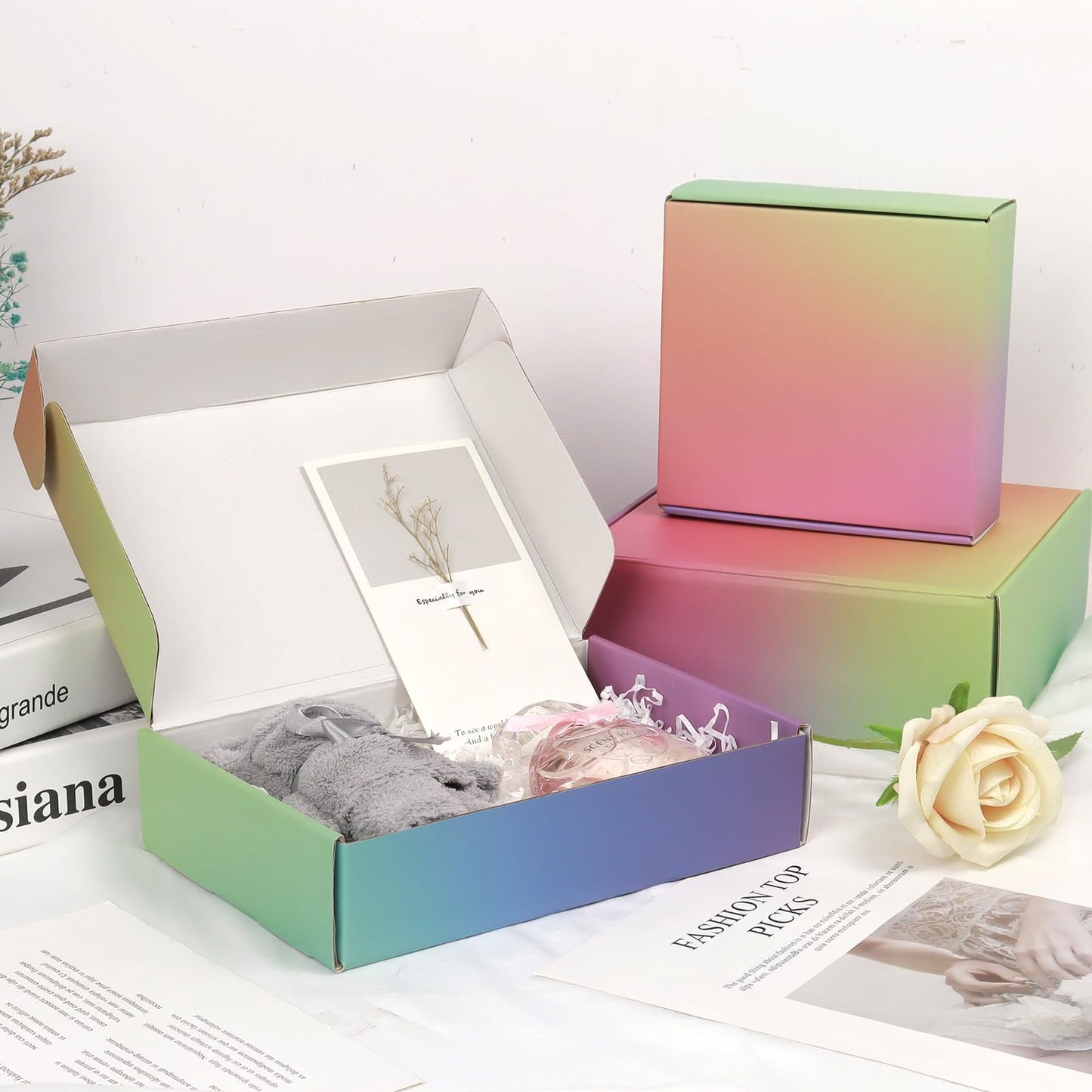 DEZIBOX 9x6x2 Shipping Boxes for Packaging, 45 Pack Rainbow Corrugated Cardboard Mailer Boxes for Small Business, Shipping, Mailing