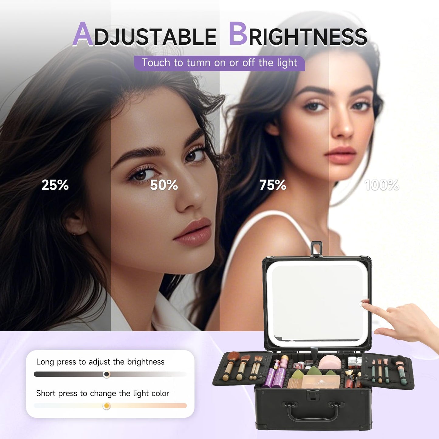 Leeora&Leekoo Makeup Box with A Detachable Lighted Mirror, Waterproof Travel Train Case, Cosmetic Organizer and Makeup Suitcase with Adjustable Dividers, LED Mirror (Black, Plane)
