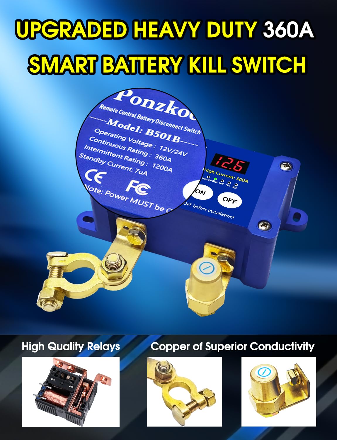 360A Remote Car Battery Disconnect Switch with LED Voltage Display - 12V 24V Kill Switch for Marine Boat RV Truck Vehicles ATV, Heavy Duty Anti-Theft Power Cutoff & ON/Off Isolator(Negative Terminal)