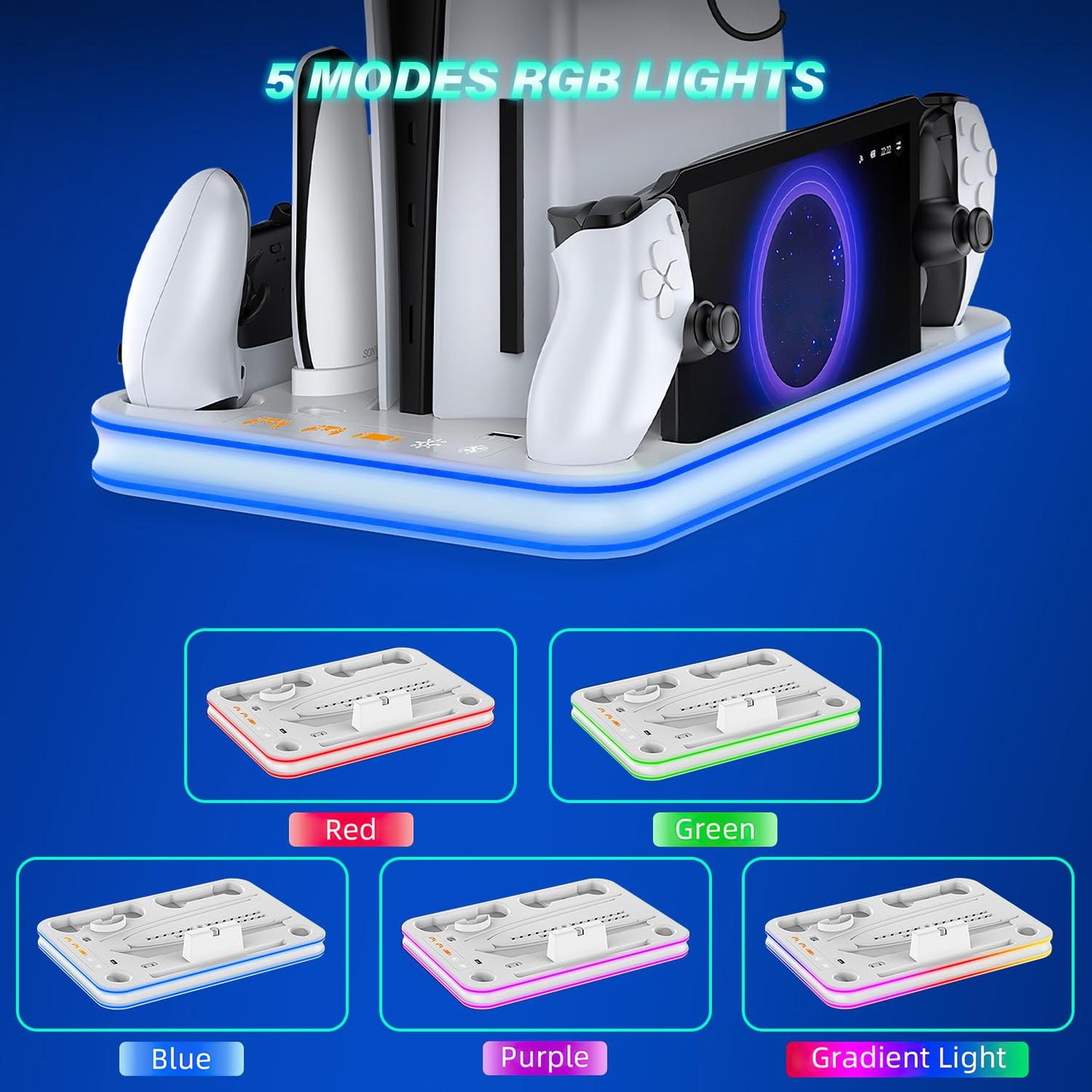 Sehawei PS5/PS5 Slim Stand and Cooling Station with RGB Lighting and 3 Level Cooling Fan,Charging Dock for PS5 Edge Controller and PS Portal,Remote Control and Headset holders,PS5/PS5 Slim Accessories