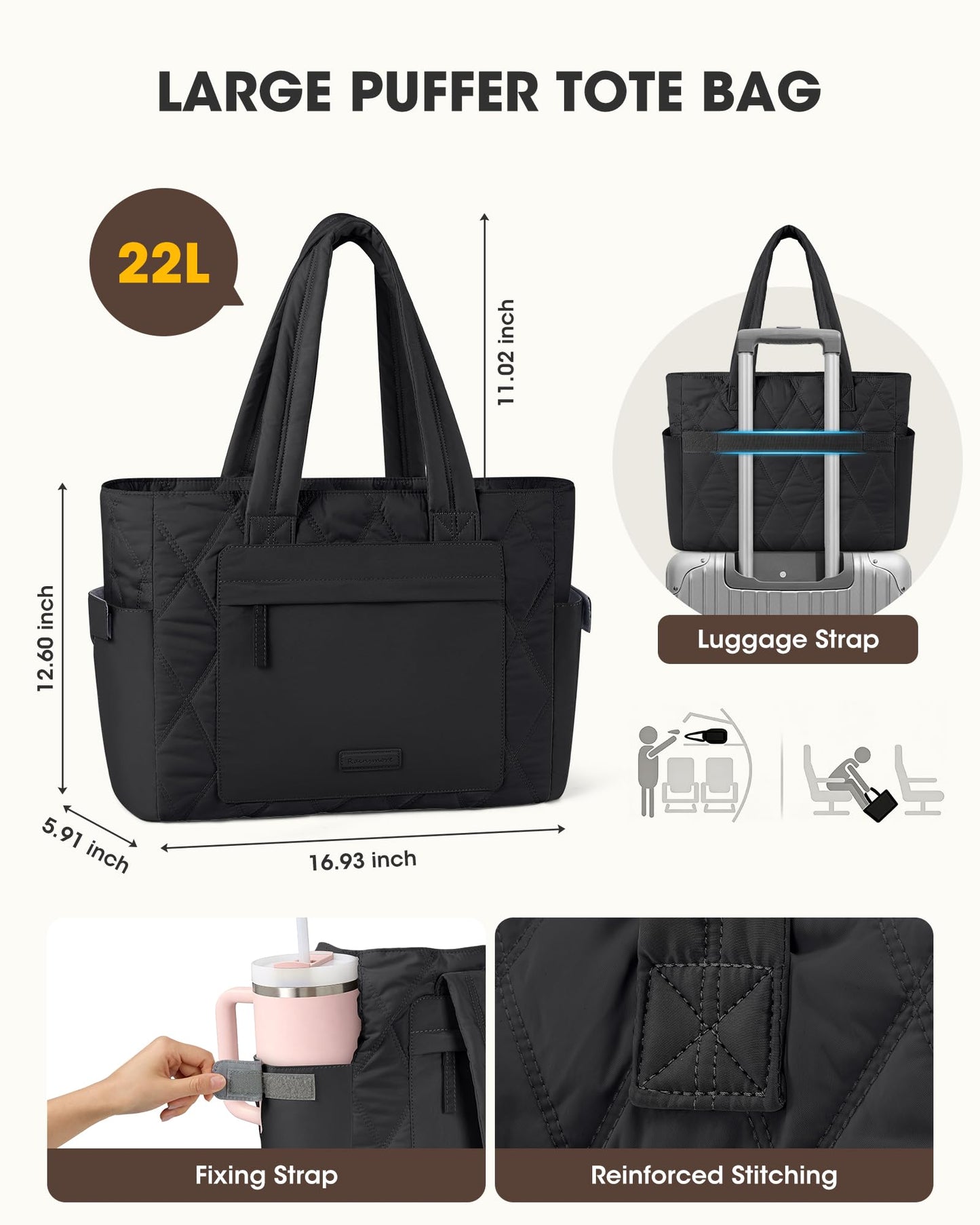 RAINSMORE Work Tote Bag for Women, 15.6 Inch Puffer Laptop Bag, Lightweight Quilted Travel Tote Bags for Teacher Nurse, Large Computer Handbag with 40oz Water Bottle &19 Pockets, Black