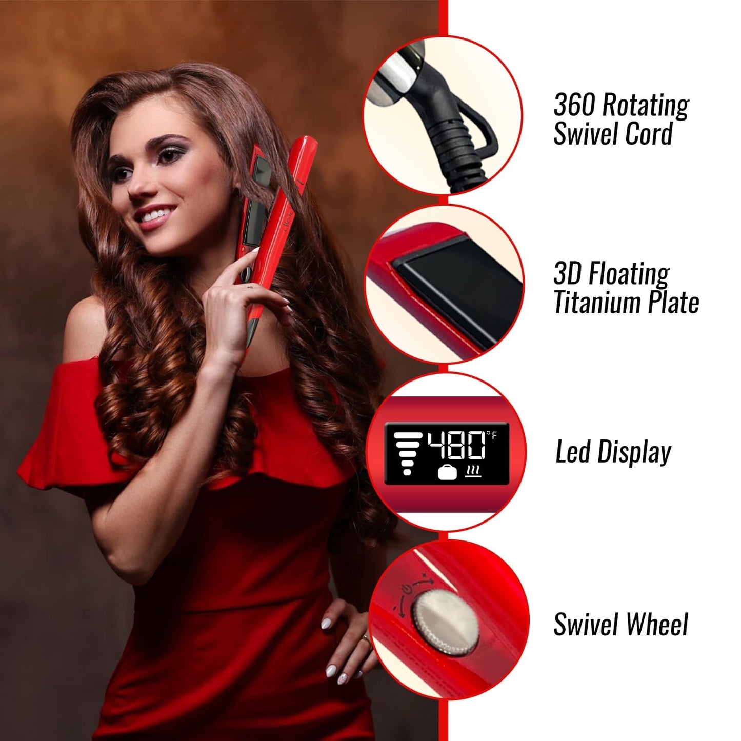 Wavy POP PRO 2 in 1 Titanium Flat Iron Hair Straightener & Curling Wand Red | Professional Straightening Hair Iron with Ceramic MCH Fast Heat, Auto Shut Off | Dual Voltage with Travel Bag