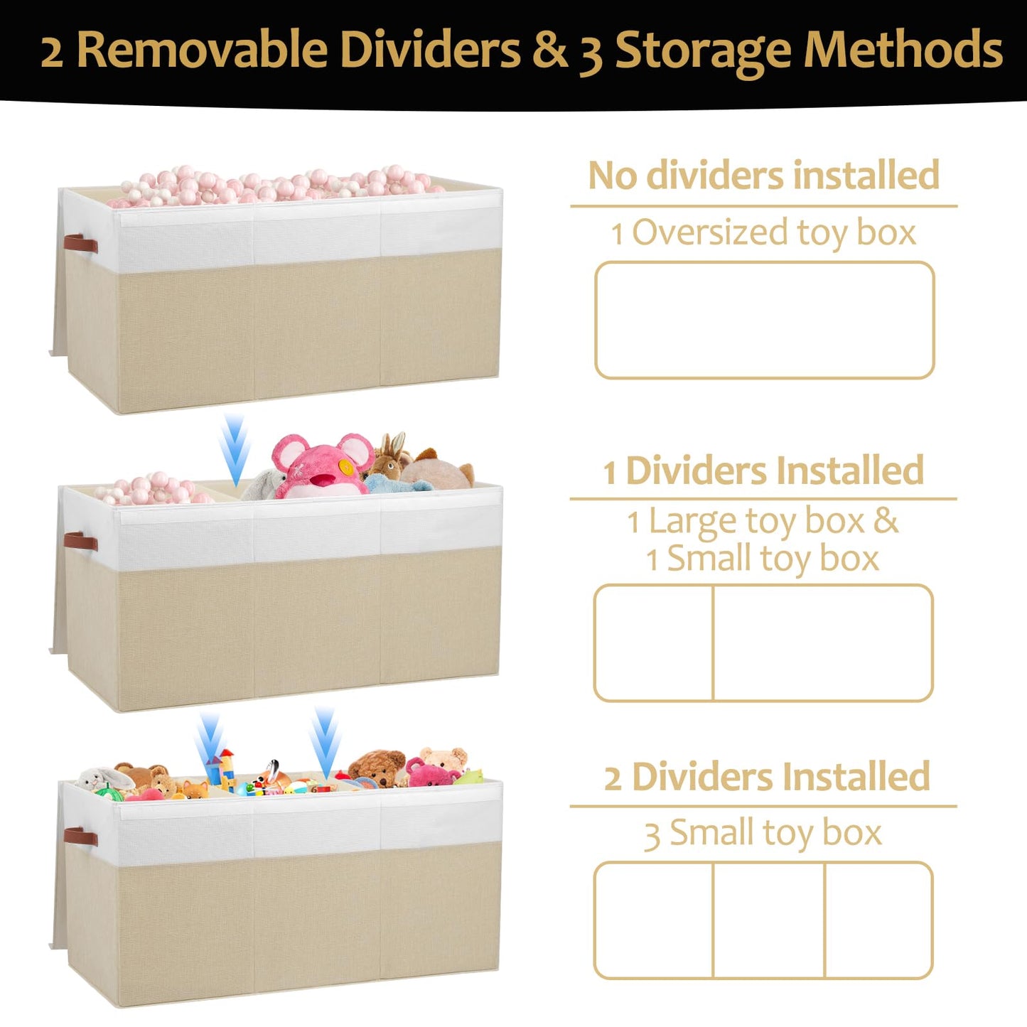 Gowee Extra Large Toy Storage Box with Lid, Sturdy Toys Storage Chest Bin Organizer Basket with Dividers for Kids, Boys, Girls, Nursery, Closet, Bedroom, Playroom 35.5"x17" x17" (Beige and White)