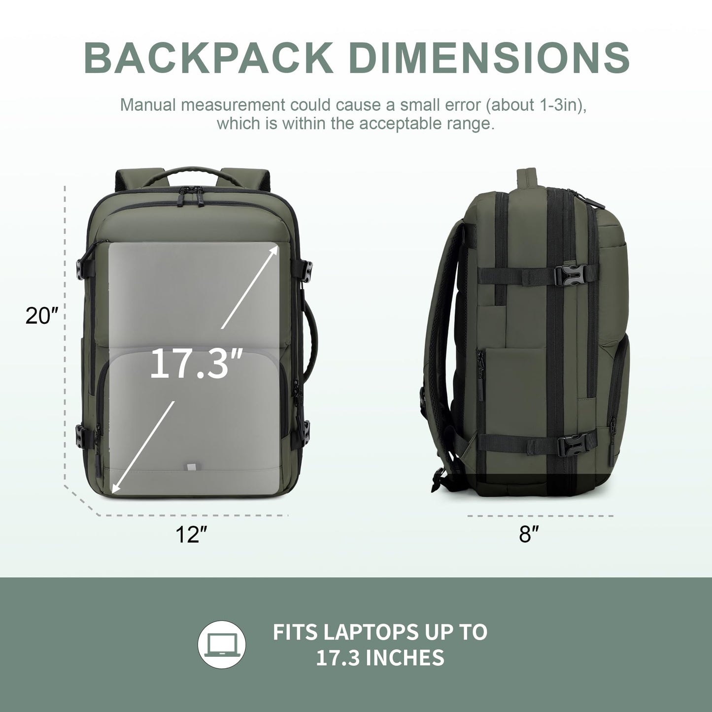 BAGOK Carry On Travel Backpack, 35L-40L Expandable Extra Large Airline Approved,Lightweight Daypack for Men and Women（Green）