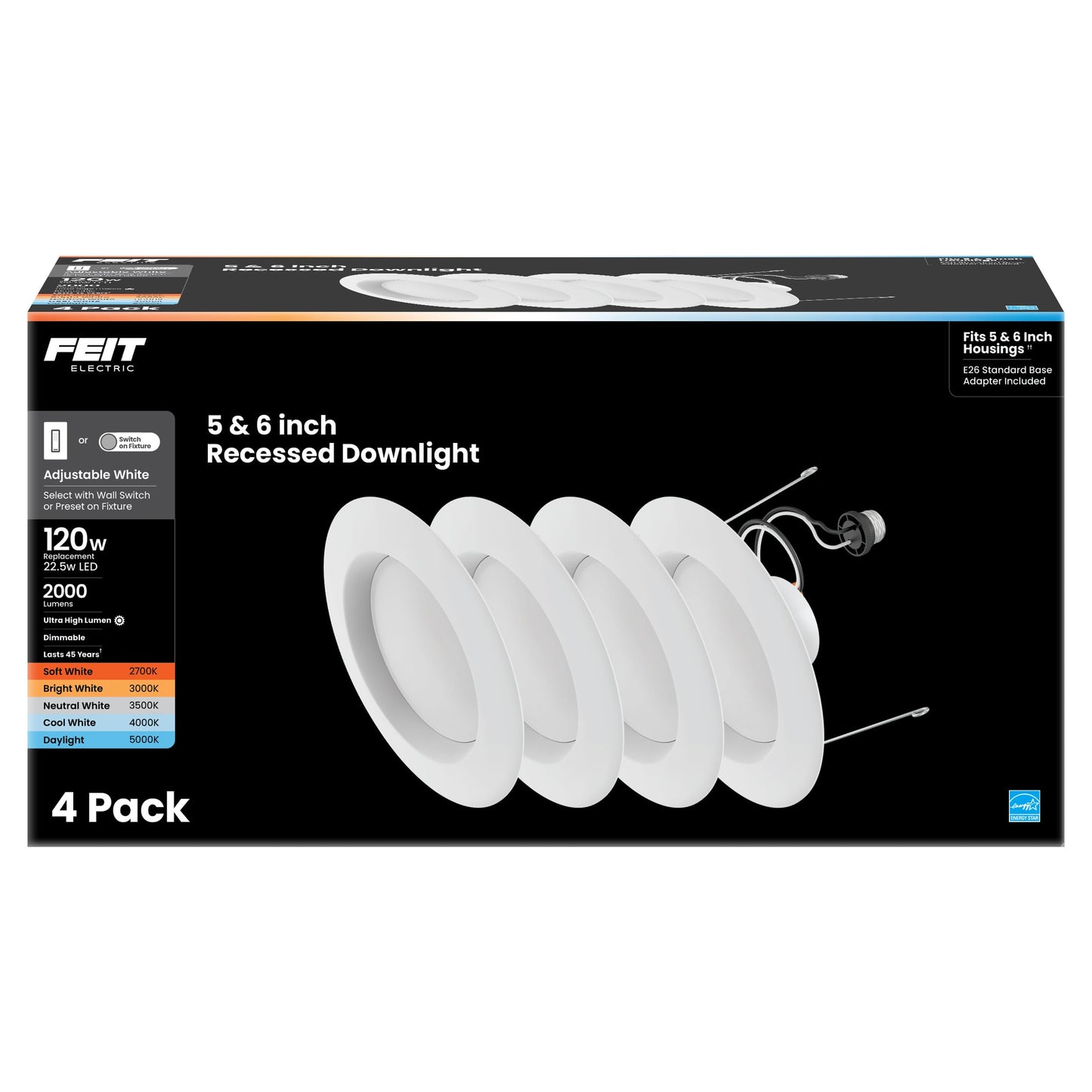 Feit Electric 5/6 Inch LED Recessed Downlight, 22.5W (120W Eqv), Dimmable, Adjustable White 2700K–5000K, Retrofit Kit, E26 Adapter, Ideal for Larger Spaces or High Ceilings, LEDR56XHO/6WYCA/4, 4 Pack