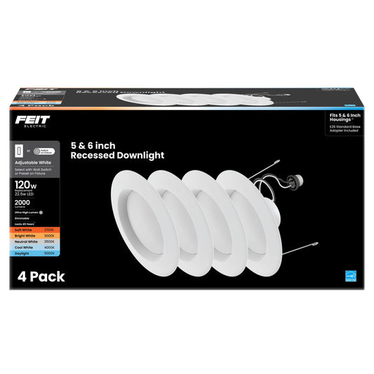 Feit Electric 5/6 Inch LED Recessed Downlight, 22.5W (120W Eqv), Dimmable, Adjustable White 2700K–5000K, Retrofit Kit, E26 Adapter, Ideal for Larger Spaces or High Ceilings, LEDR56XHO/6WYCA/4, 4 Pack