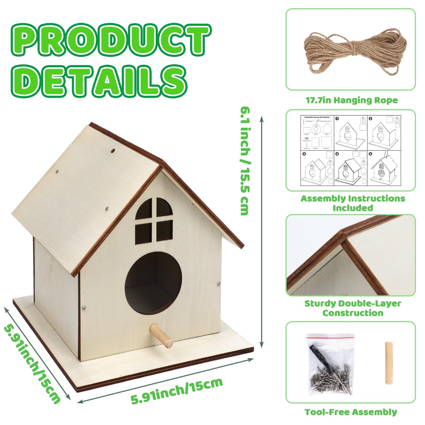 Entallor 6 Pack Wooden DIY Birdhouse Kit, Thickened Wood Bird Home for Kids Adults All-in-One Bird Crafts with Screwdrivers, Nails,Hemp Ropes for Backyard Indoor Outdoor