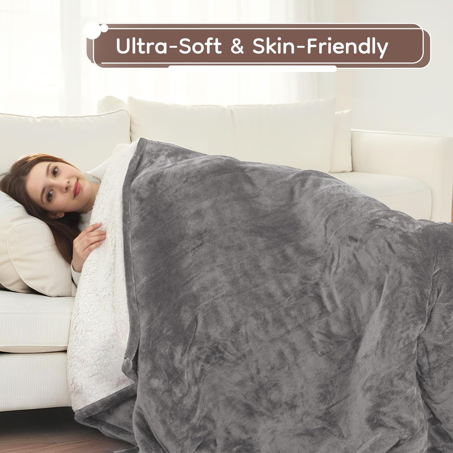 LaffyLo Electric Heated Blanket Full Size 72"x 84", Flannel & Sherpa for Bed, Sofa and Couch, ETL Certified, 10 Heat Settings, 1-12H Timer, Overheat Protection, Machine Washable, Light Grey