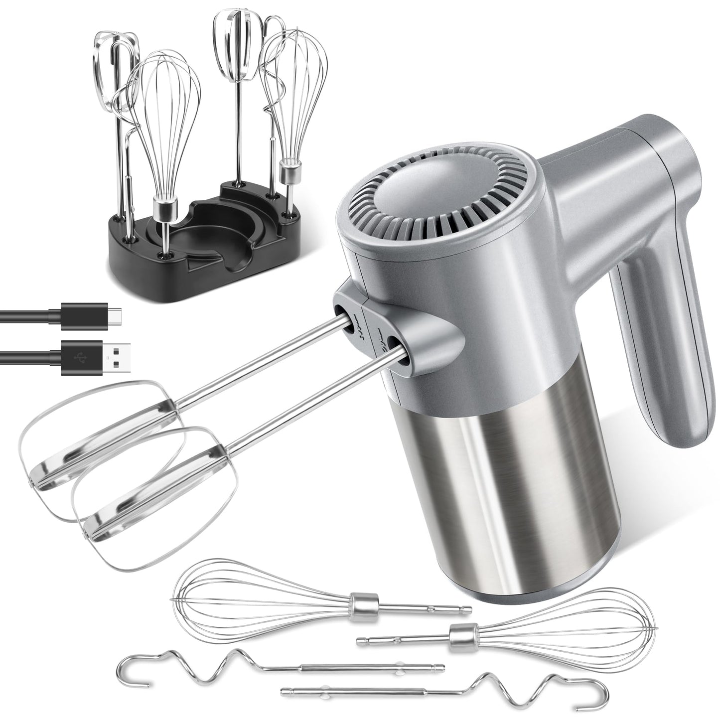 Cordless Electric Hand Mixer, 7 Speed Rechargeable Wireless Handheld Mixer with Eject Button, Long Battery, Quiet Anti-Splash, 6×304 Stainless Steel Attachments & Storage Base for Baking (Silver)