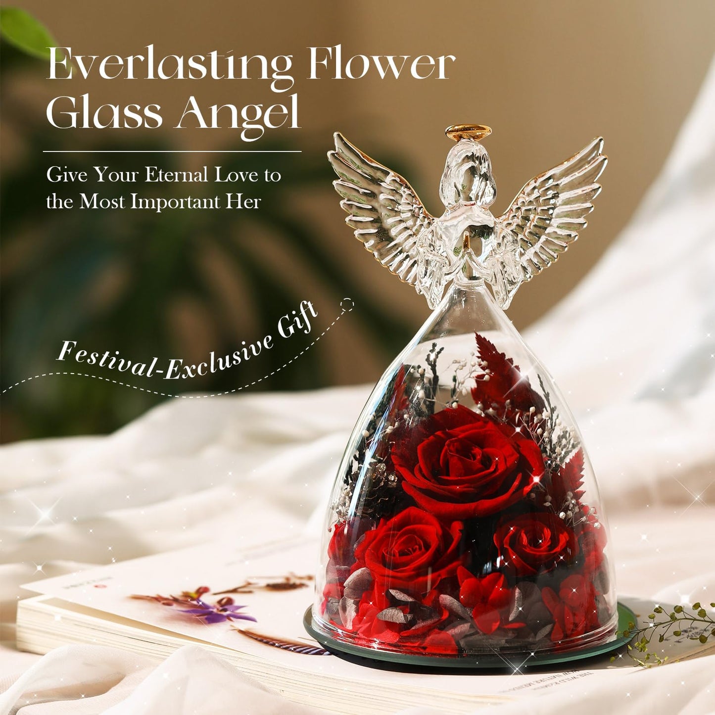 AIMEYE Birthday Gifts for Wife and Girlfriend, Red Preserved Roses in Glass Angel Figurine, Romantic Birthday Gift for Her, Love Keepsake