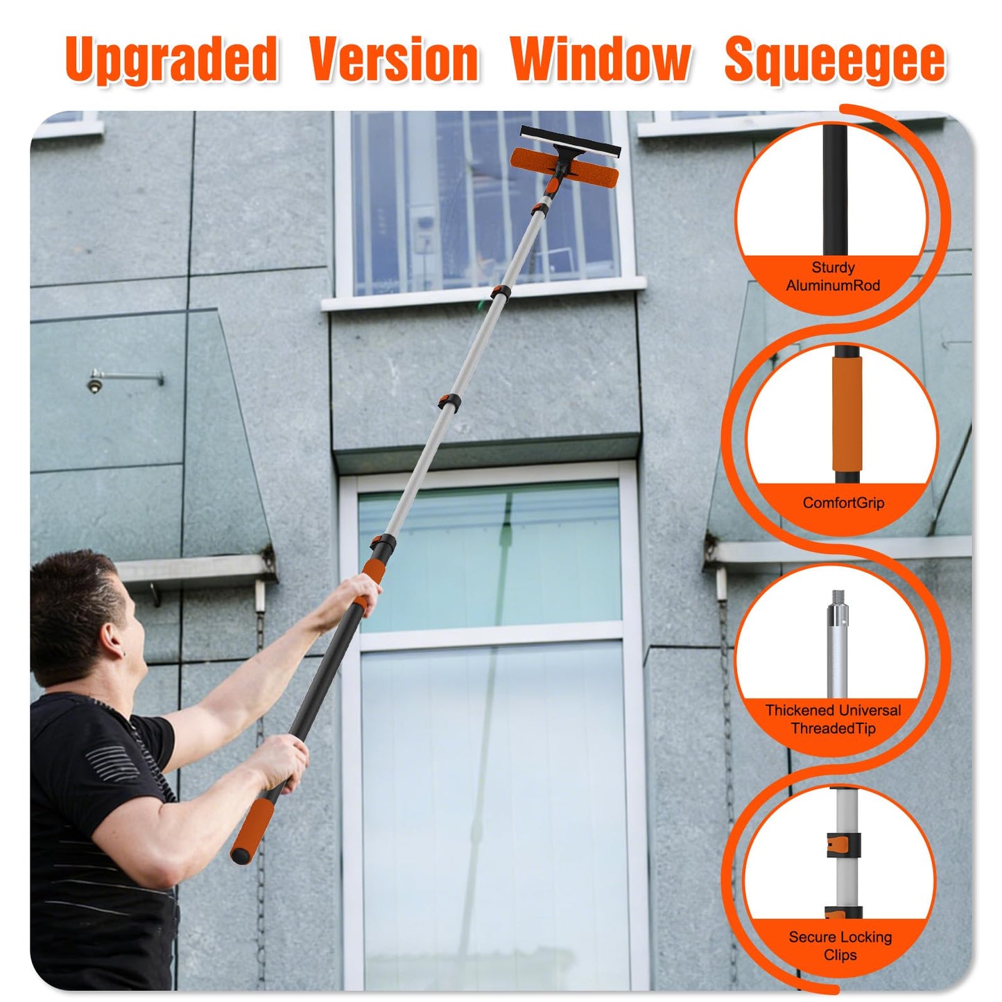 25FT Reach Window Squeegee Kit with Extension Pole, 2-in-1 Professional Washer for High Windows, 5-20FT Adjustable Reach, Rotatable Head for Indoor & Outdoor Use, Streak-Free Cleaning Tool for Home