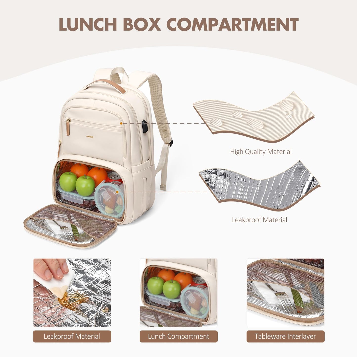 MDODO Lunch Backpack for Women Men,15.6Inch Insulated Lunch Box Backpack with USB Charging Port, Diaper Laptop Back pack for Travel Picnic Work Teacher Nurse,Beige