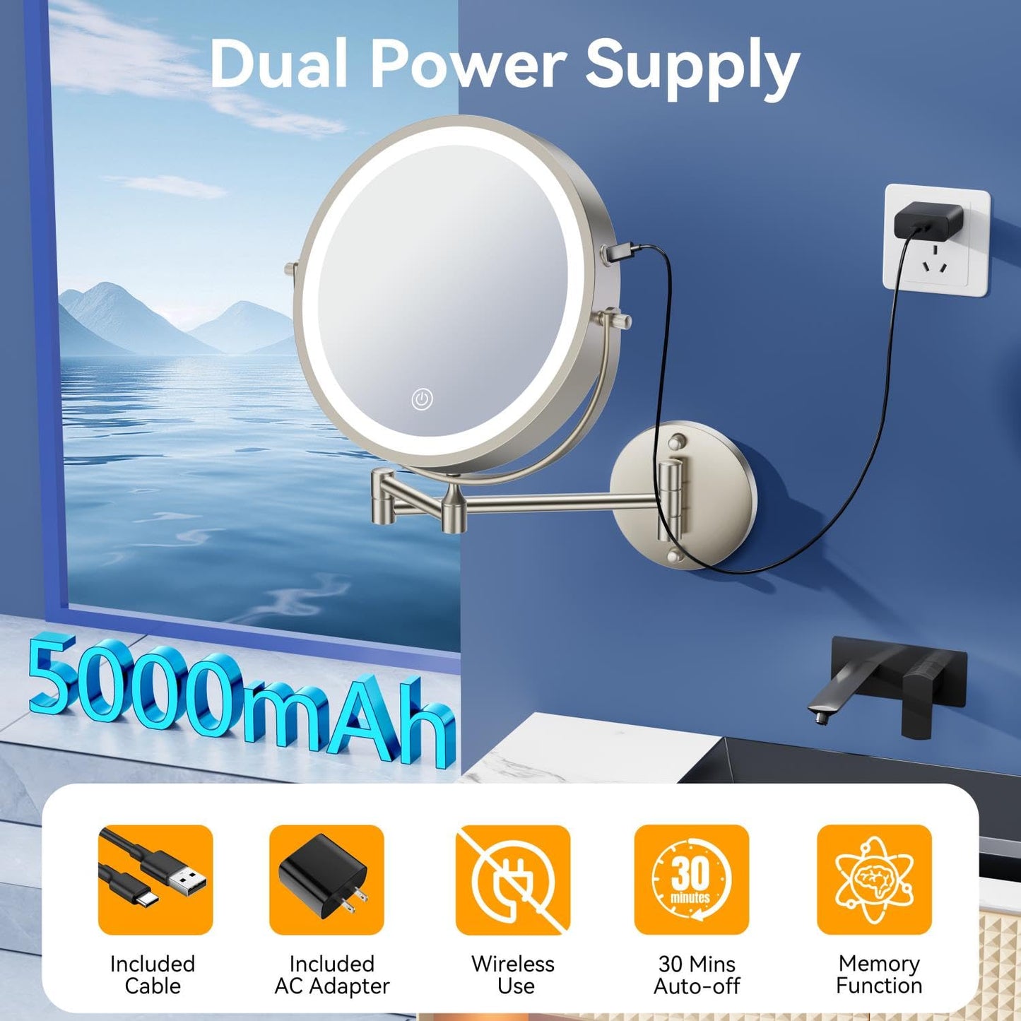 5000mAh Rechargeable Wall Mounted Lighted Makeup Mirror, 9'' 30X/1X Double-Sided Magnifying Mirror with Light, Bathroom Mirror Touch Dimmable 3 Colors 360° Rotation Extended Arm, Power Adapter