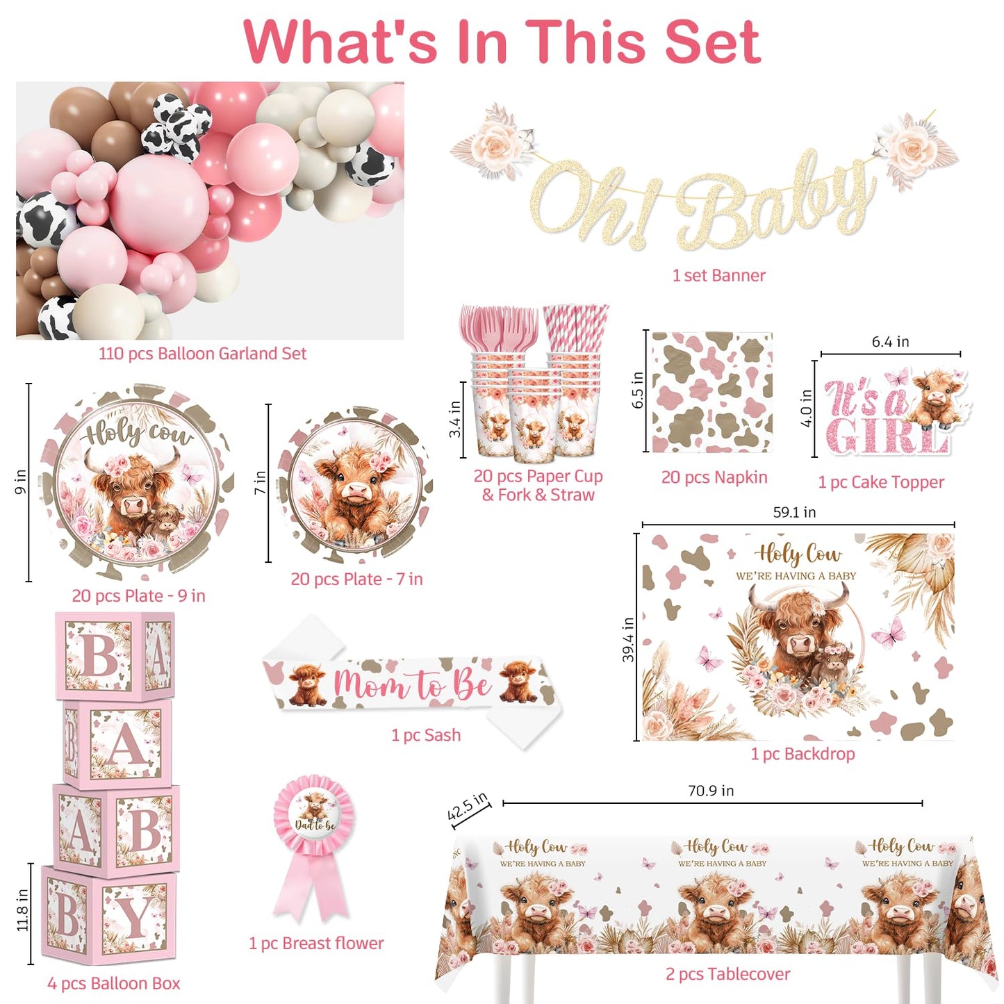 Highland Cow Baby Shower Decorations, Complete Pink Baby Shower Decorations, Holy Cow We're Having a Baby Banner Balloons Backdrop Paper Plates and Napkins Decor