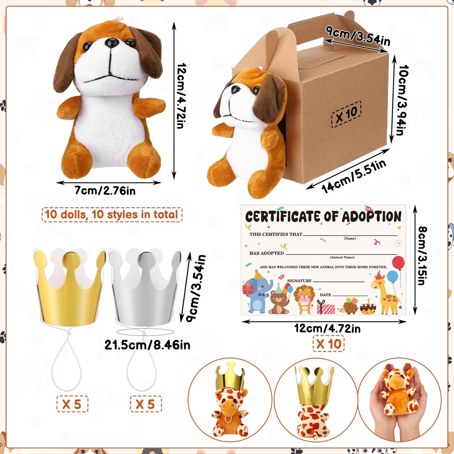 Guiqulai 40Pcs Adopt A Pet Party Favors Mini Stuffed Animals Plush Toy Set Includes 10Pcs Safari Jungle Animal Plush Toys, Birthday Hats, Kraft Paper Boxes, Adoption Cards for Adopt A Animal Party