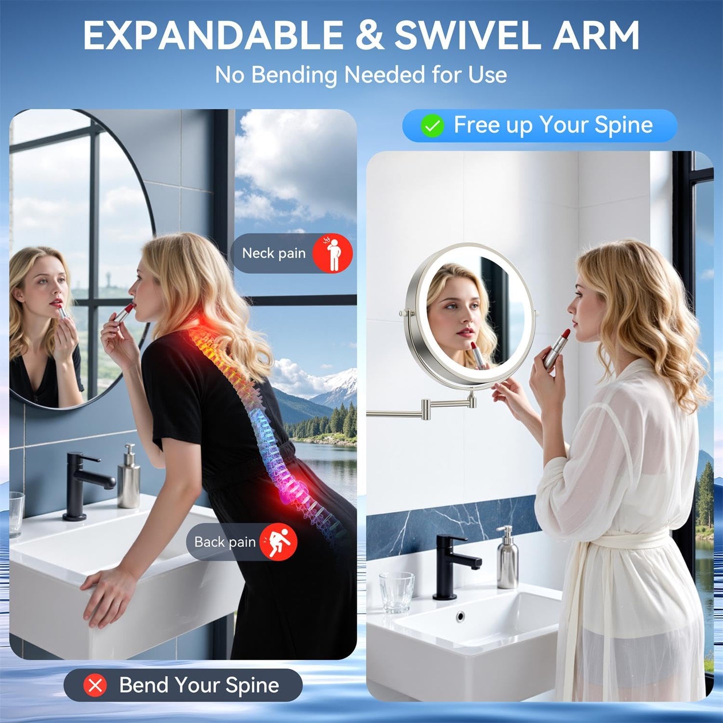 5000mAh Rechargeable Wall Mounted Lighted Makeup Mirror, 9'' 30X/1X Double-Sided Magnifying Mirror with Light, Bathroom Mirror Touch Dimmable 3 Colors 360° Rotation Extended Arm, Power Adapter
