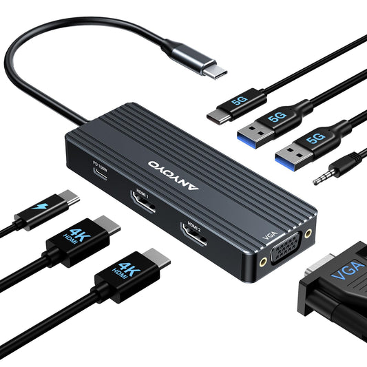 ANYOYO USB C Docking Station Dual Monitor, 8 in 1 Laptop Docking Station 3 Monitors with Dual HDMI 4K60HZ and VGA 1080P60HZ, 3 * 5Gbps USB-A/C,PD100W,HDMI Dock for Dell,Lenovo,HP(Black)