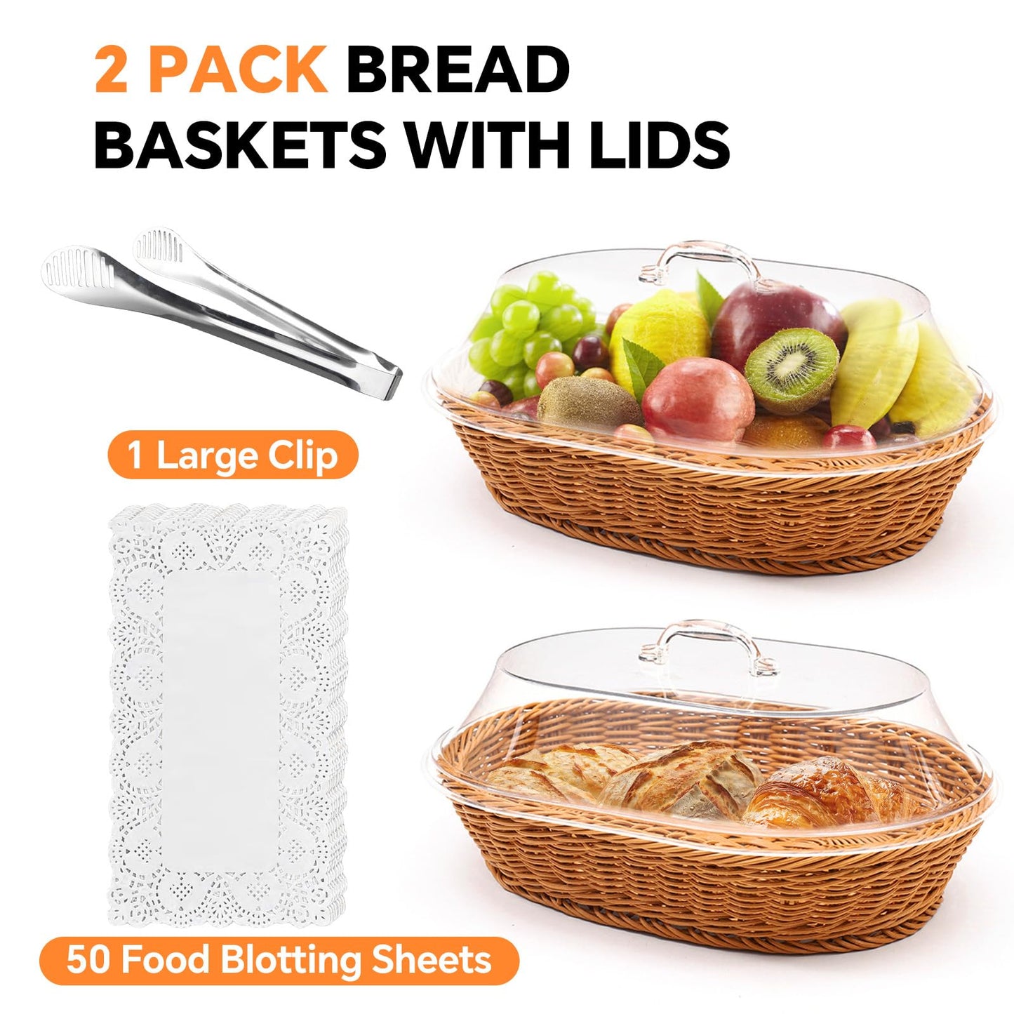 Rattan Bread Baskets, 2 Pack, Oval Woven Baskets with Acrylic Lids, 15.75 x 11.81 inches, Stainless Steel Tongs, Lace Doilies, for Bread, Fruit, Food Display