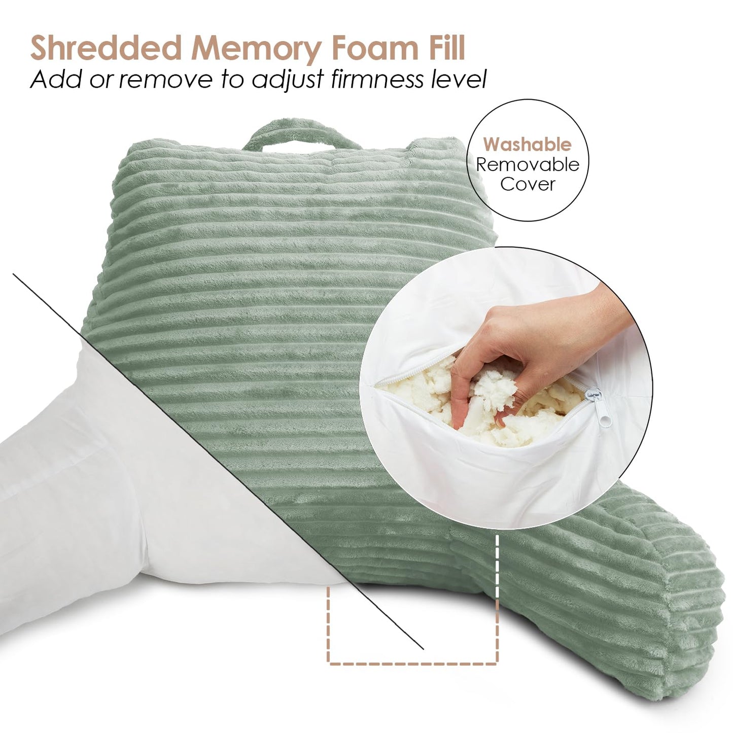 Clara Clark Reading Pillow for Bed Adult – Back Pillow for Sitting in Bed, Standard Bed Pillows for Sitting Up, Foam Chair Pillow, Sage Green Rest Pillow