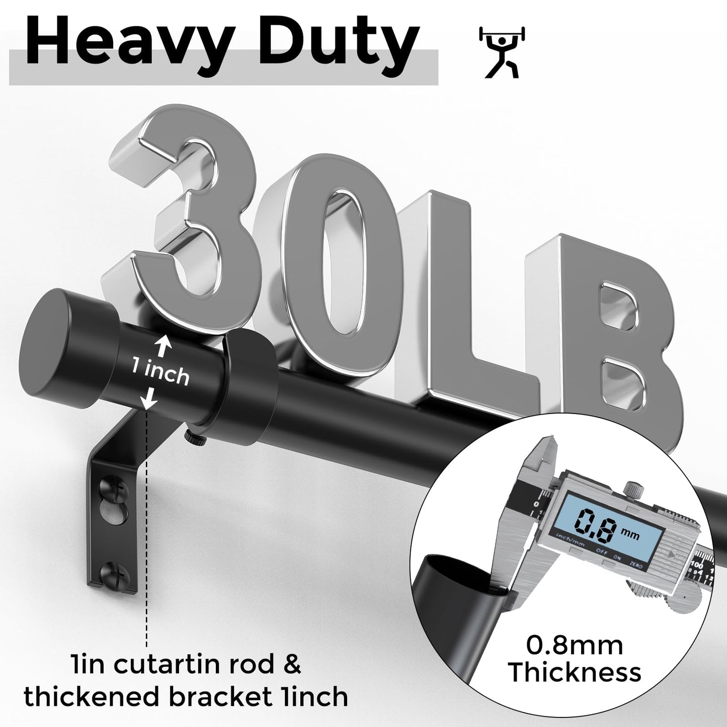 VOIIY 2 Pack Curtain Rods for Windows 28 to 48 Inch(1.5-5 Feet),Black 1'' Diameter Drapery Rods with End Cap Style Design,Modern Adjustable Heavy Duty Curtain Rod,Size:30''-60''