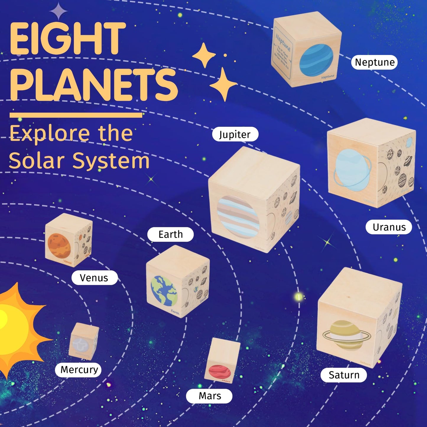 Eight Planets Wooden Blocks for Kids Ages 3+ Montessori Cube Boxes Sorting and Stacking, Preschool Educational Toys Set for Boys and Girls, Solar System