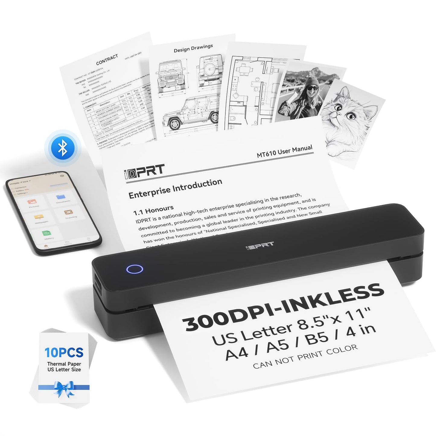 iDPRT Portable Printer Wireless for Travel - Bluetooth Mobile Printer Support for 8.5"x11" US Letter, Inkless Compatible with iOS, Android, Laptop for Office, Car and Home (300DPI, Black)