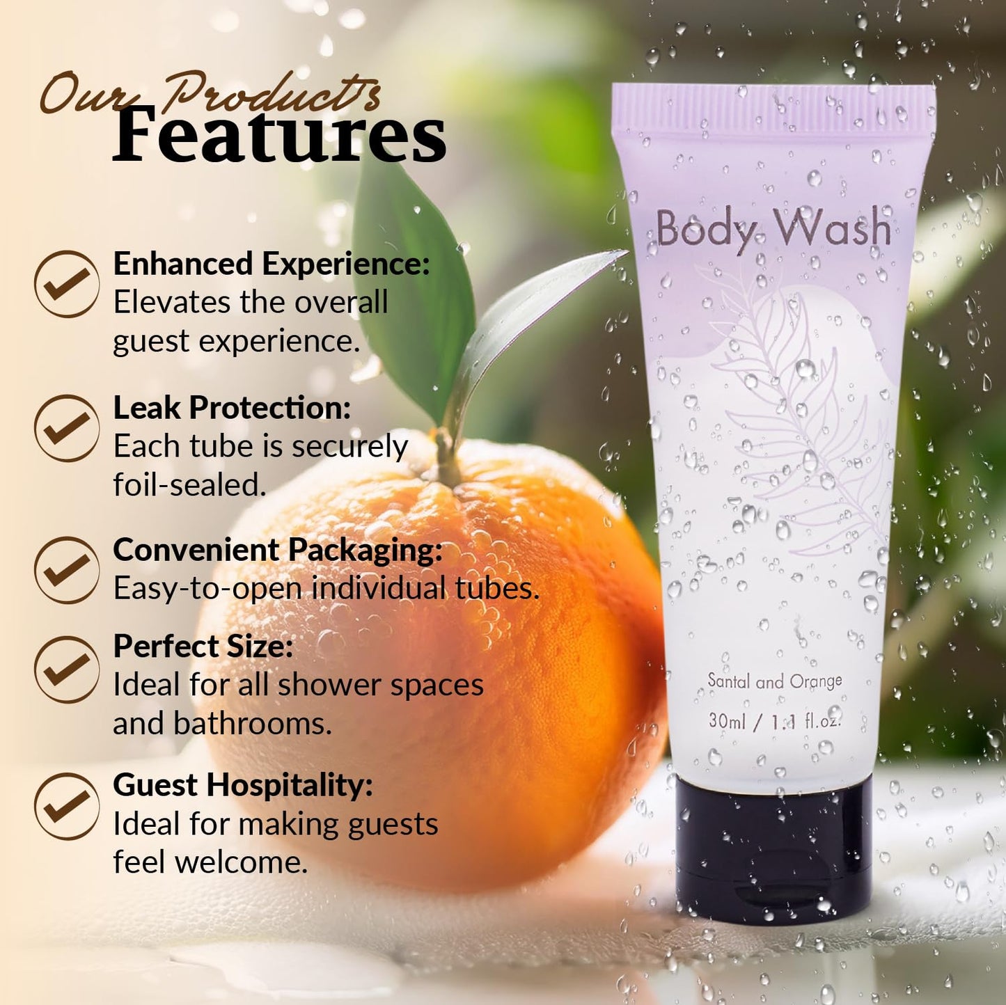 NISGUR Leak-Proof Travel Size Body Wash 1 Oz Each Pack of 200 Bulk Pack Hotel Body Wash Santal and Orange Scent Amenities and Toiletries for Hospitality