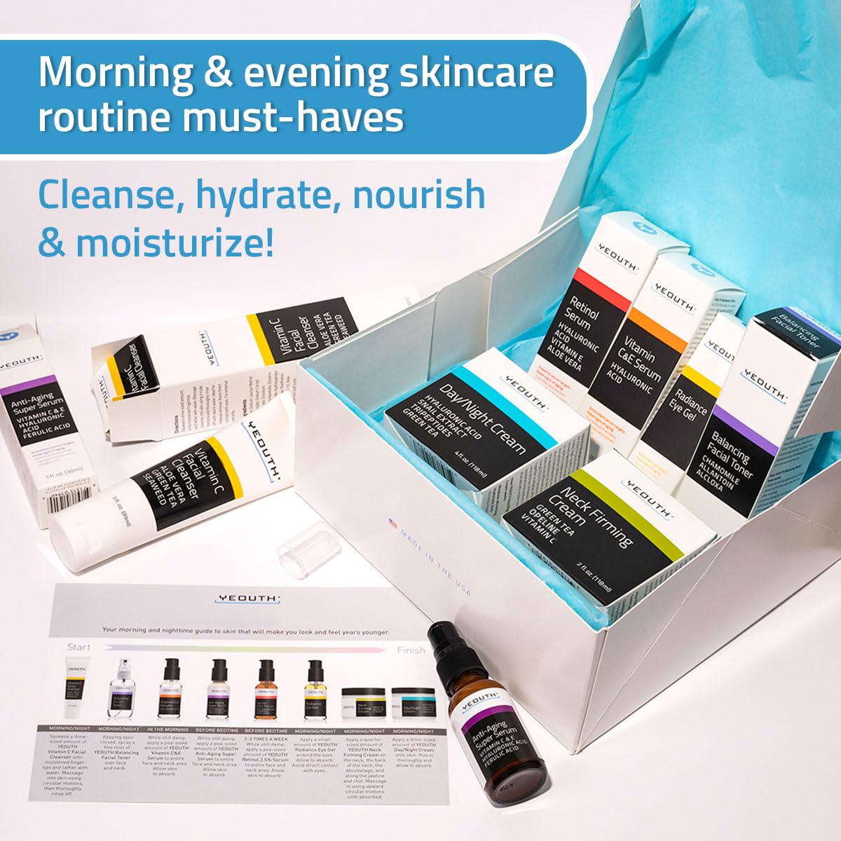 YEOUTH Skin Care Set: Retinol Serum with Hyaluronic Acid, Vitamin C & Super Face Serum, Cleanser, Toner, Eye Gel, Neck Cream, Face Cream 8-Piece