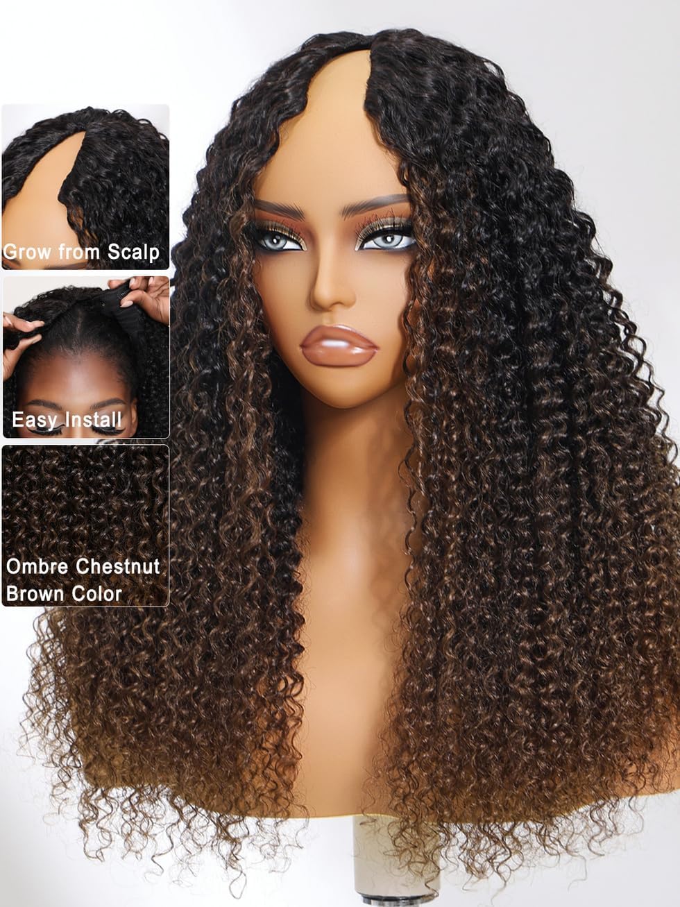 UNICE EasiContour V Part Wigs Human Hair Jerry Curly Ombre Chestnut Brown Glueless Wigs Human Hair Clip in Vpart Wig Minimal Leave Out Upgrade U Part Human Hair Wig Beginner Friendly 14 inch