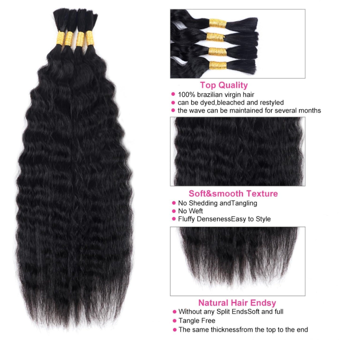 RLHAIR Wet and Wavy Human Braiding Hair Super Wave Bulk Human Hair For Braiding No Weft 100g (1Pack-4PCS) Super French Human Braiding Hair For Boho Braids (Super Wave（#1b）, 16 Inch)
